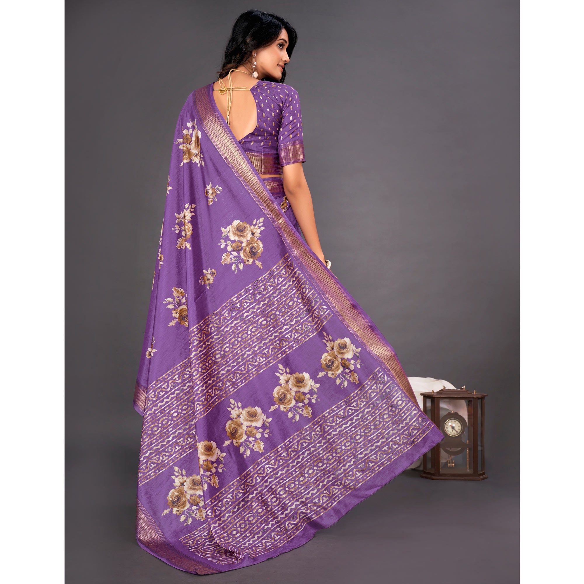 Violet Floral Printed Dola Silk Saree