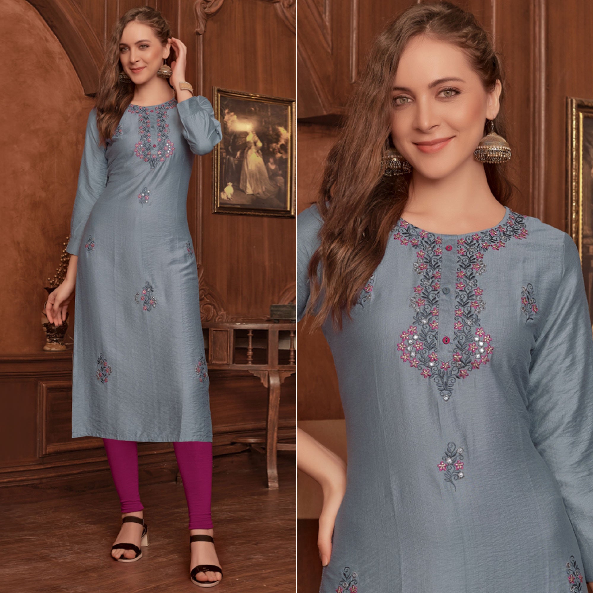 Grey Floral Embroidered Rayon Kurti