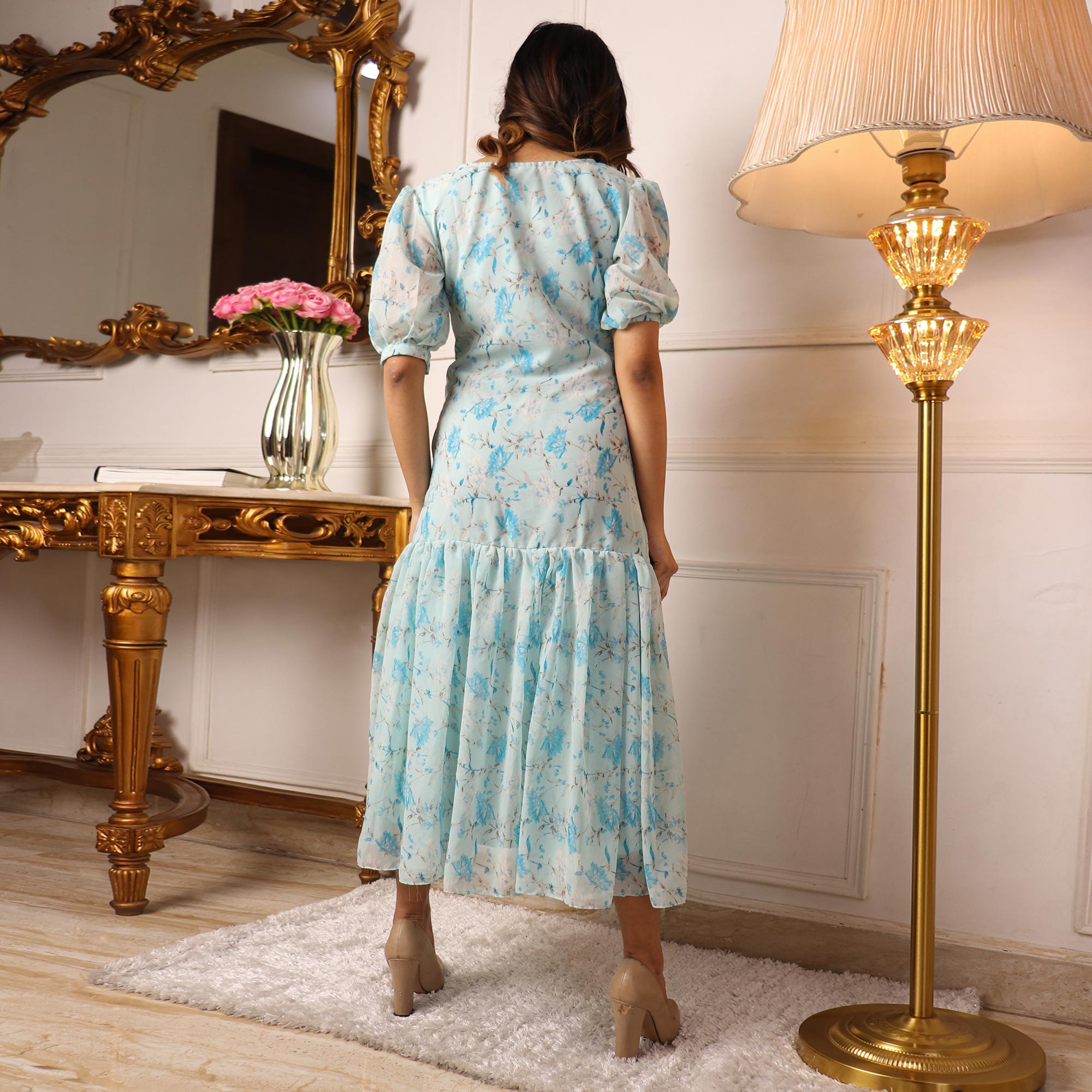 Light Blue Floral Printed Georgette Dress