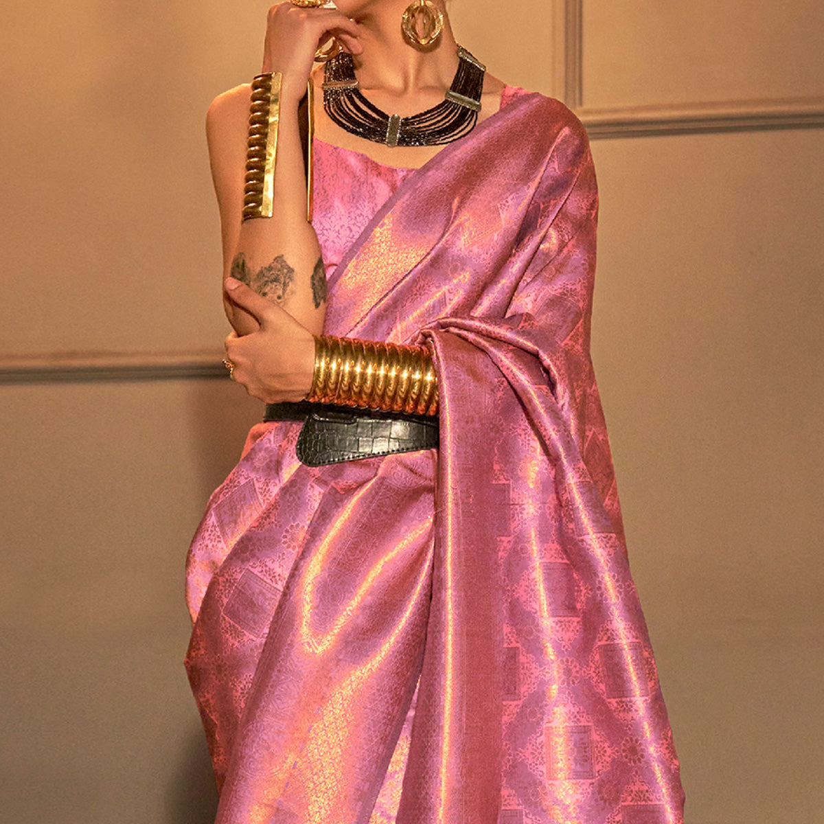 Pink Woven Art Silk Saree With Tassels