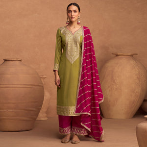 Green Floral Sequins Embroidered Art Silk Semi Stitched Suit