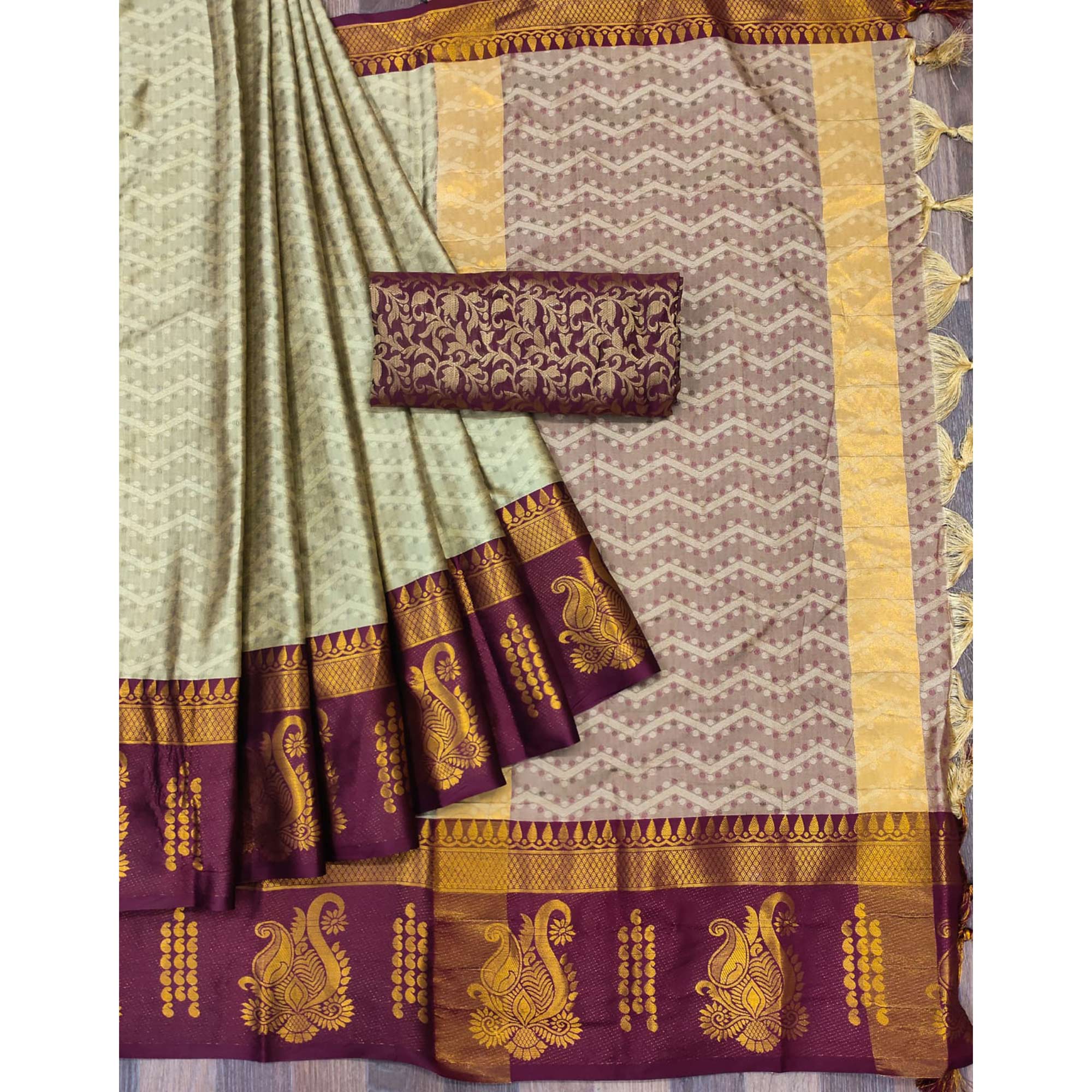 Chikoo Woven Cotton Silk Saree With Tassels