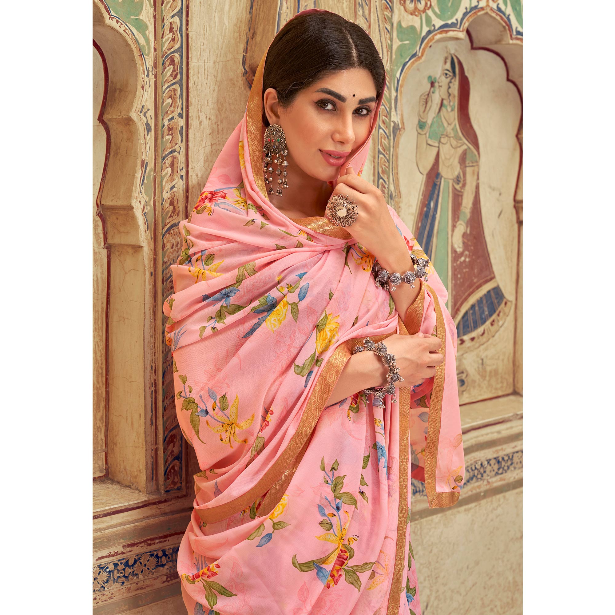 Pink Floral Printed Chiffon Saree