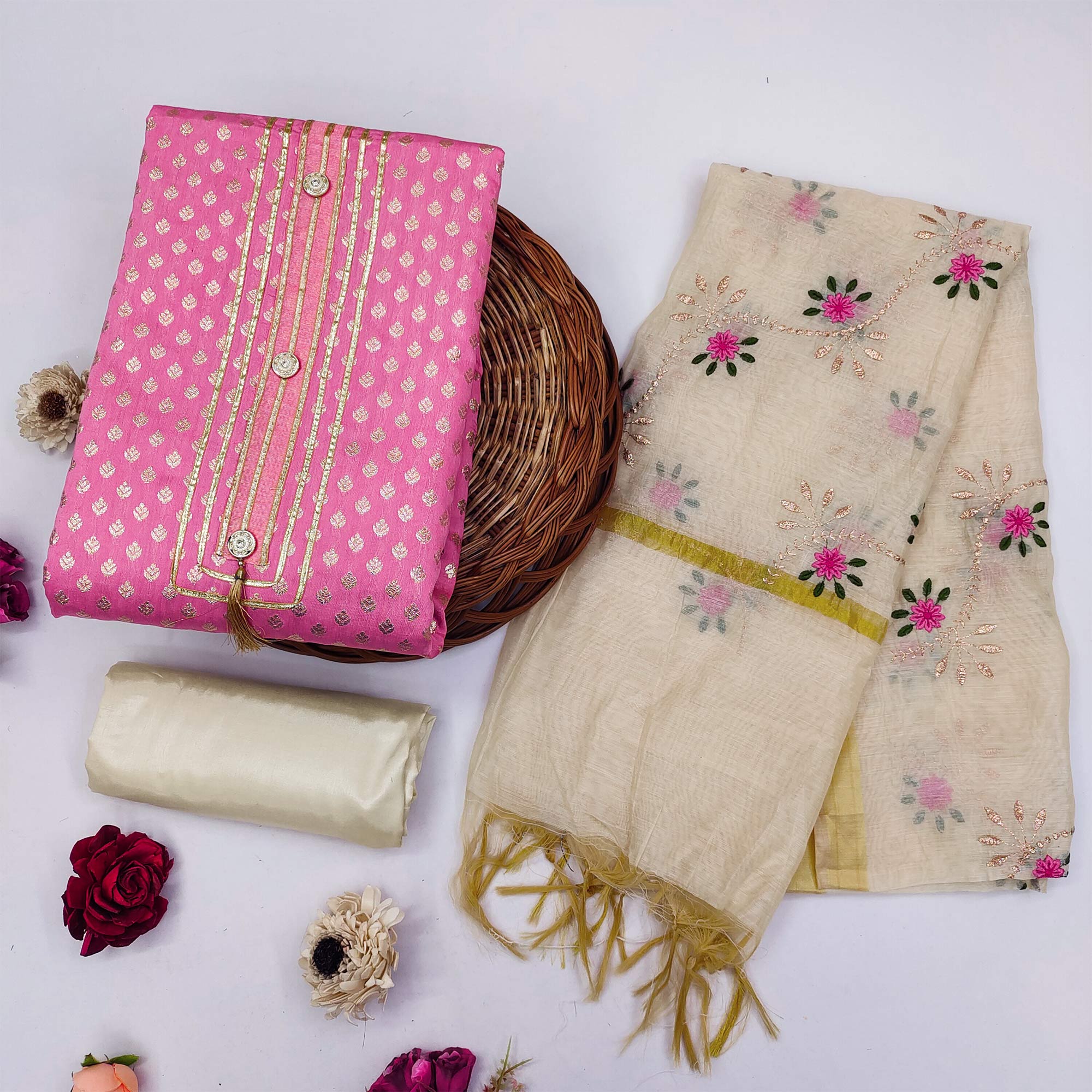 Pink Woven Chanderi Dress Material