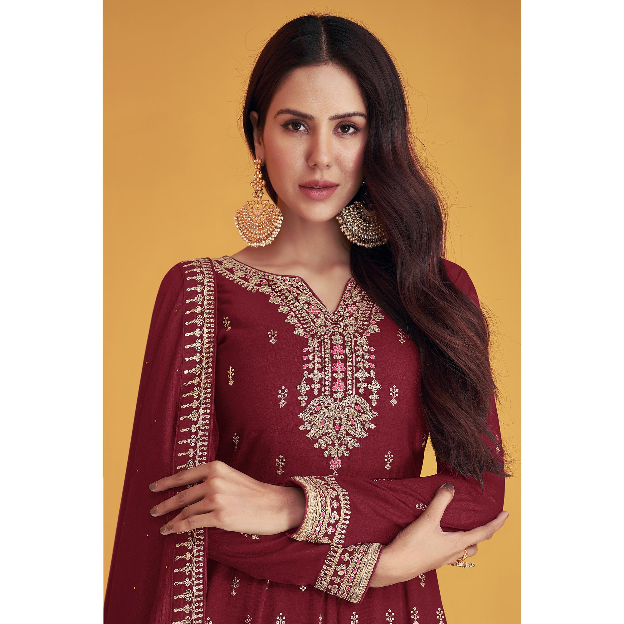 Maroon Sequins Embroidered Georgette Semi Anarkali Suit