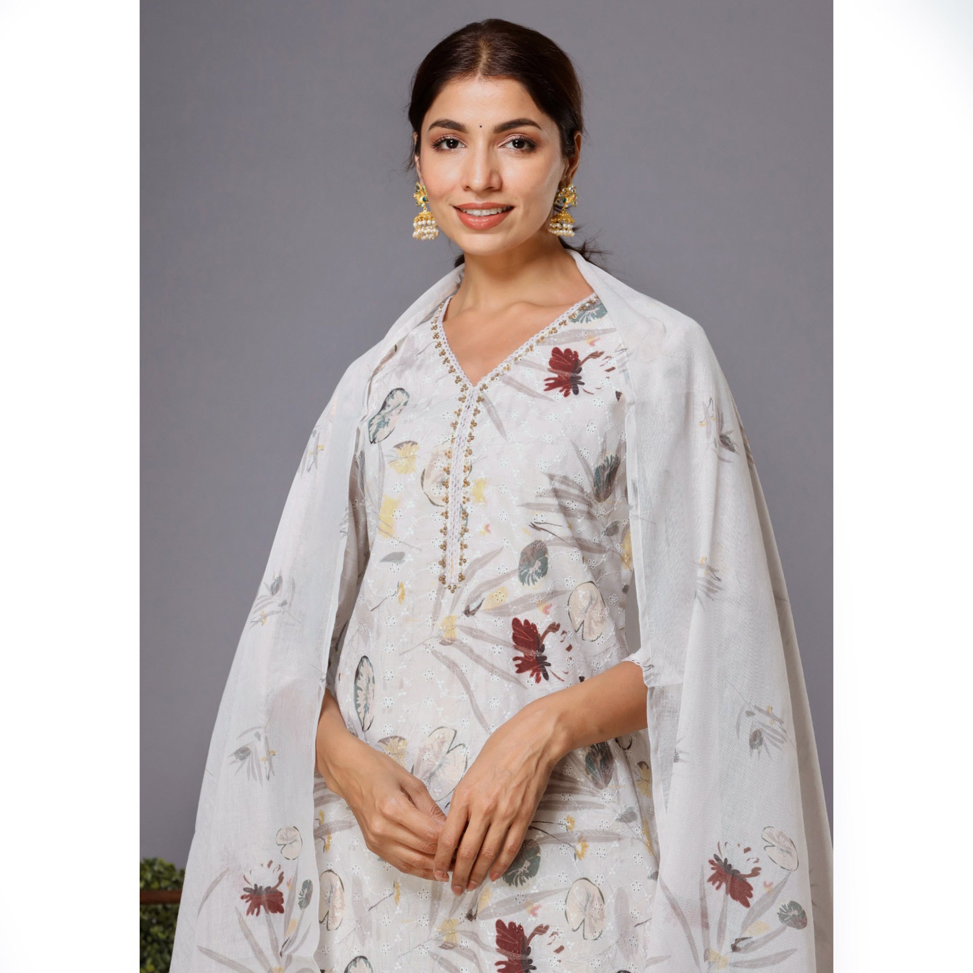 Off White Floral Printed With Embroidered Pure Cotton Suit