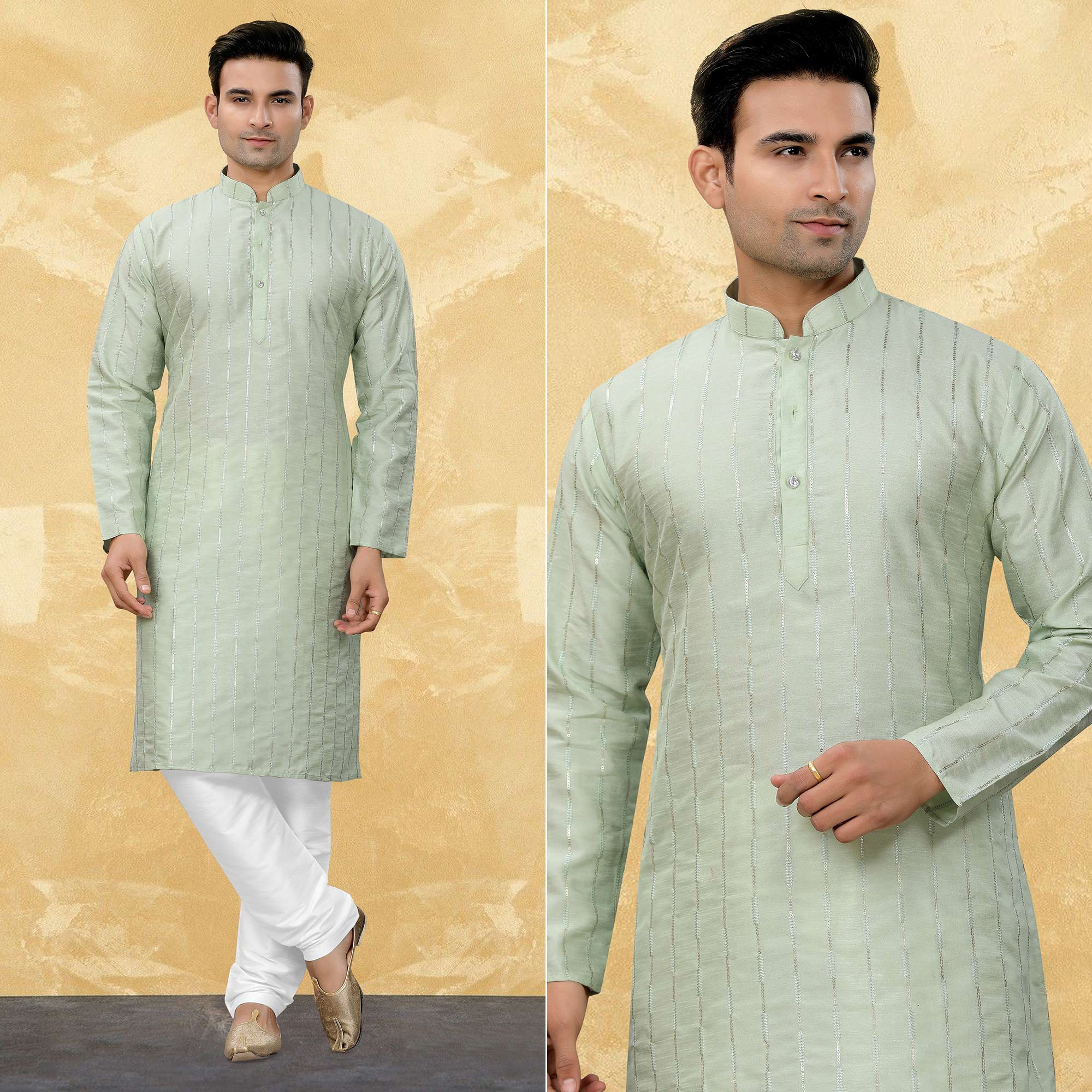 Pista Green Sequins Embroidered Art Silk Kurta Pyjama Set