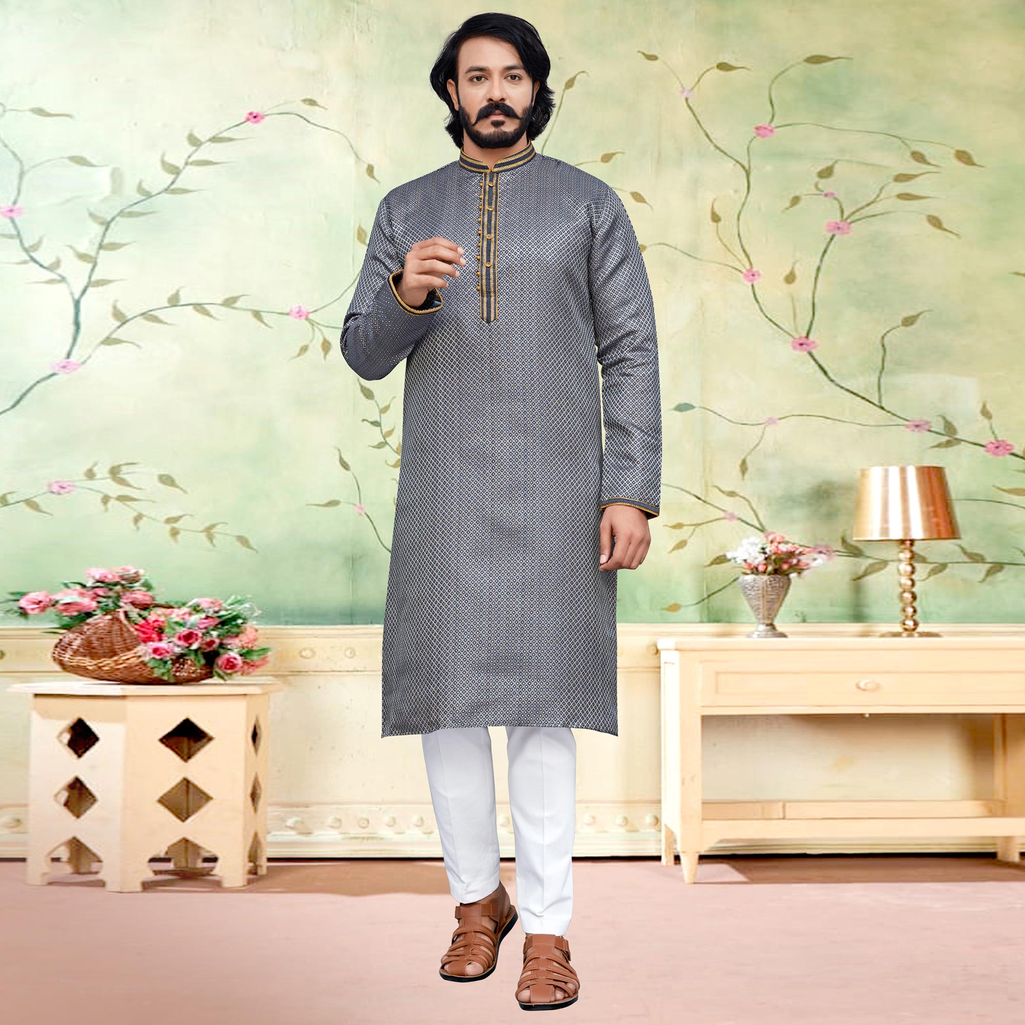 Grey Woven Jacquard Kurta Pyjama Set