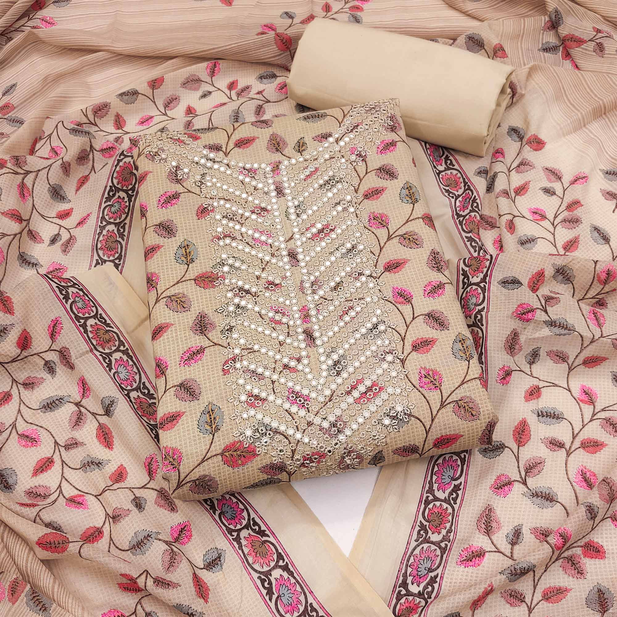 Chikoo Floral Printed-Mirror Work Pure Cotton Dress Material