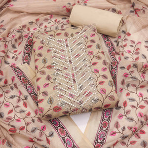 Chikoo Floral Printed-Mirror Work Pure Cotton Dress Material