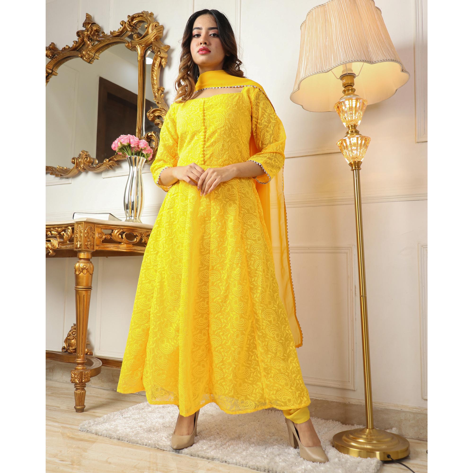 Yellow Chikankari Work Georgette Anarkali Suit