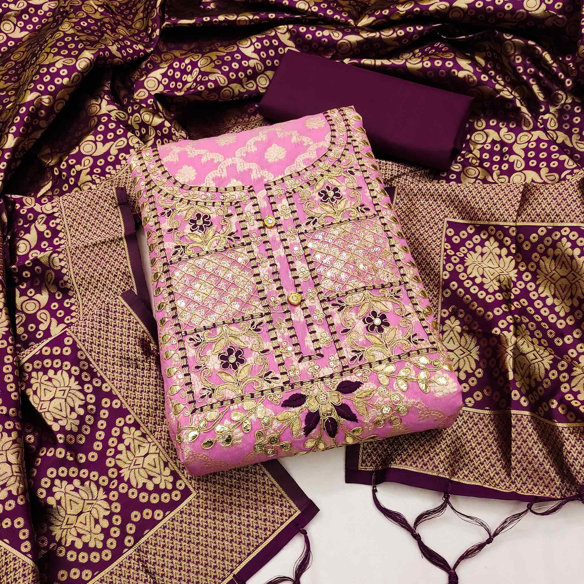 Pink Woven With Embroidered Chanderi Dress Material