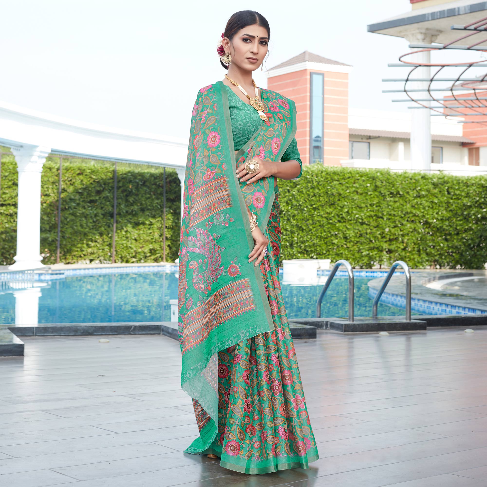 Rama Green Floral Digital Printed Cotton Silk Saree