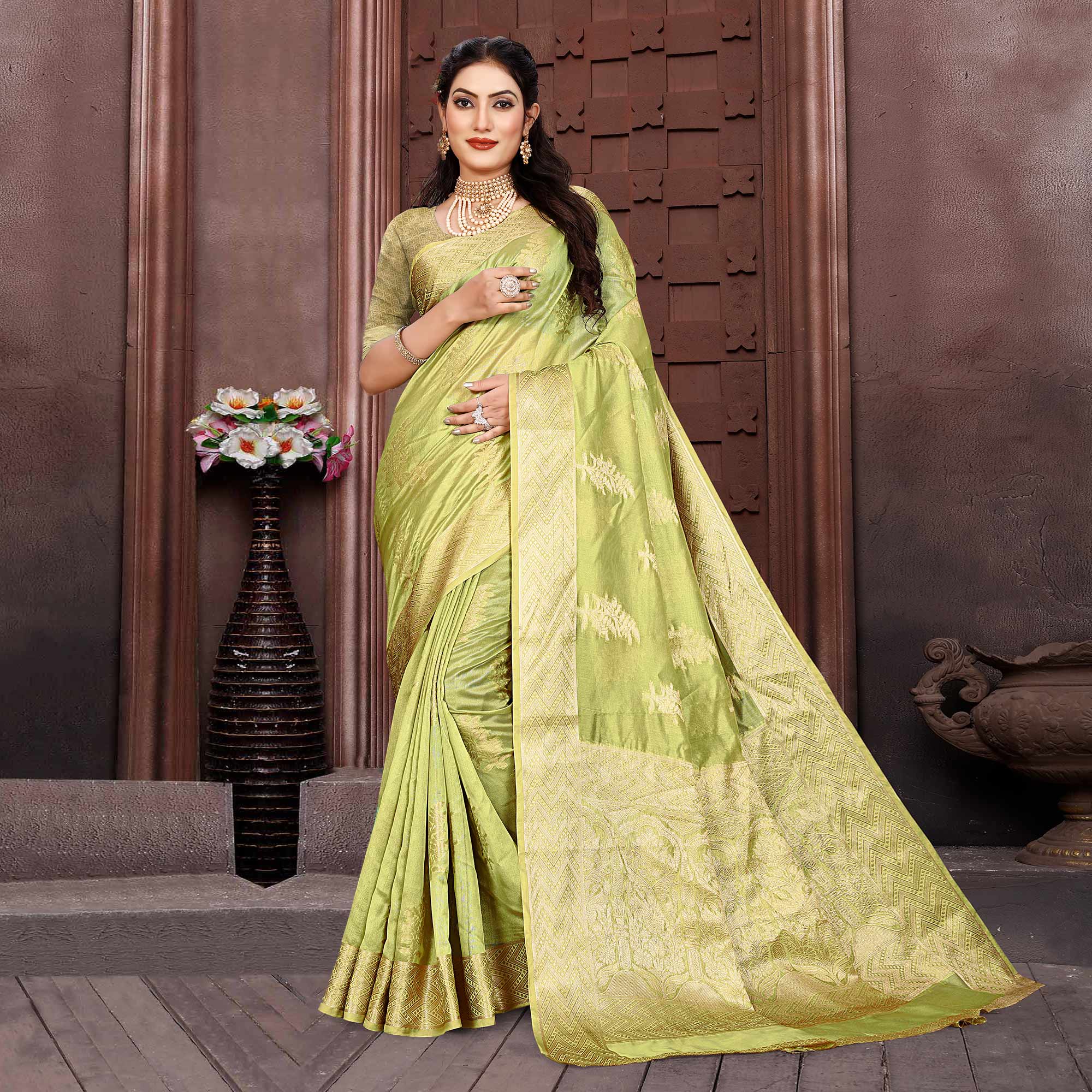 Pista Green Floral Woven Organza Saree