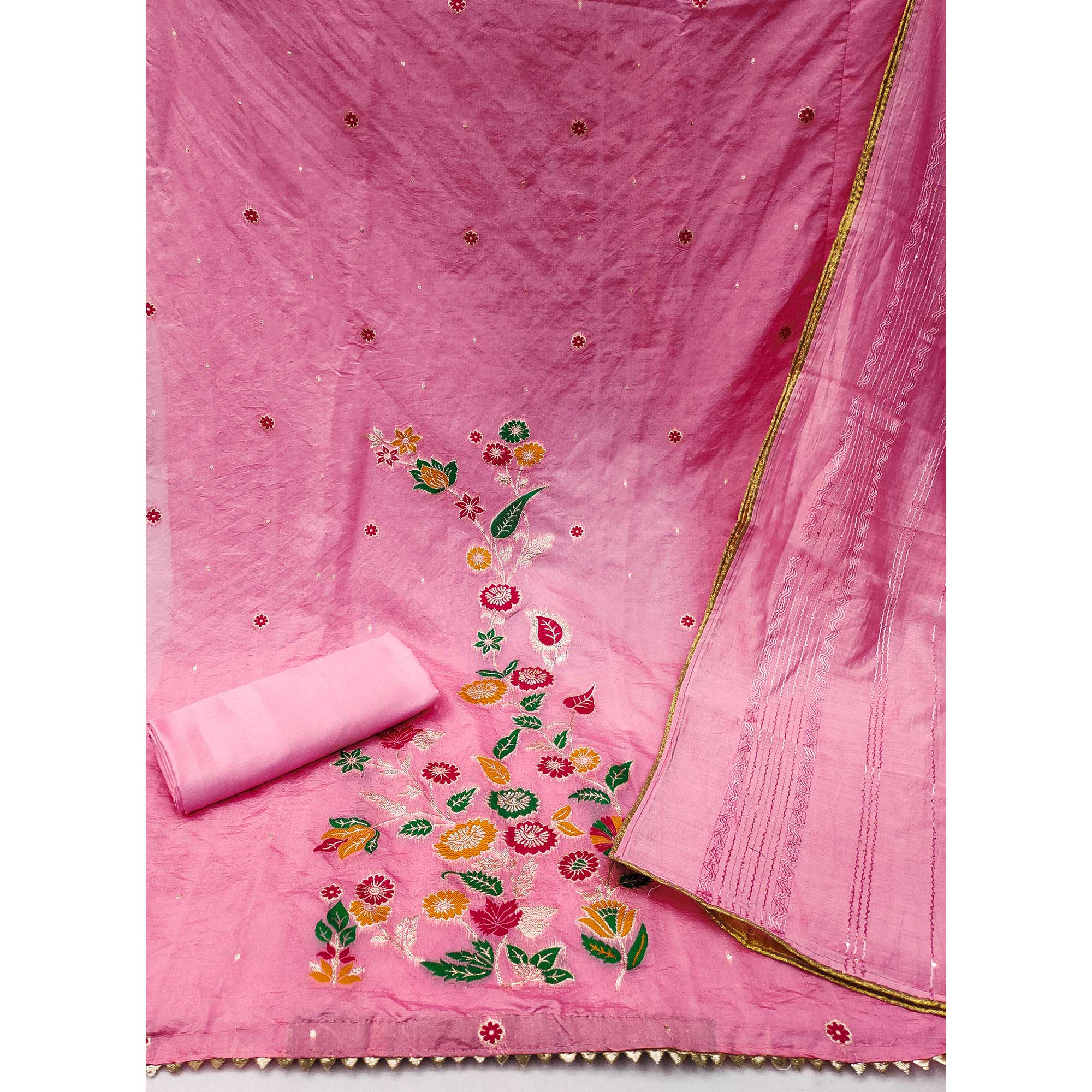 Pink Floral Woven Banarasi Silk Dress Material