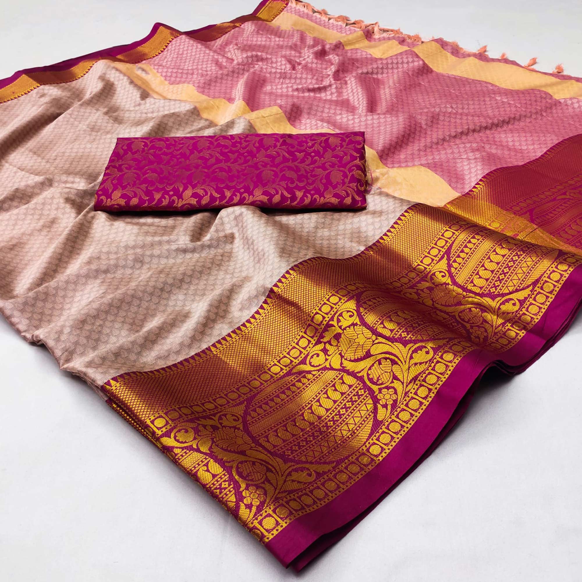 Baby Pink Woven Cotton Silk Saree With Tassels