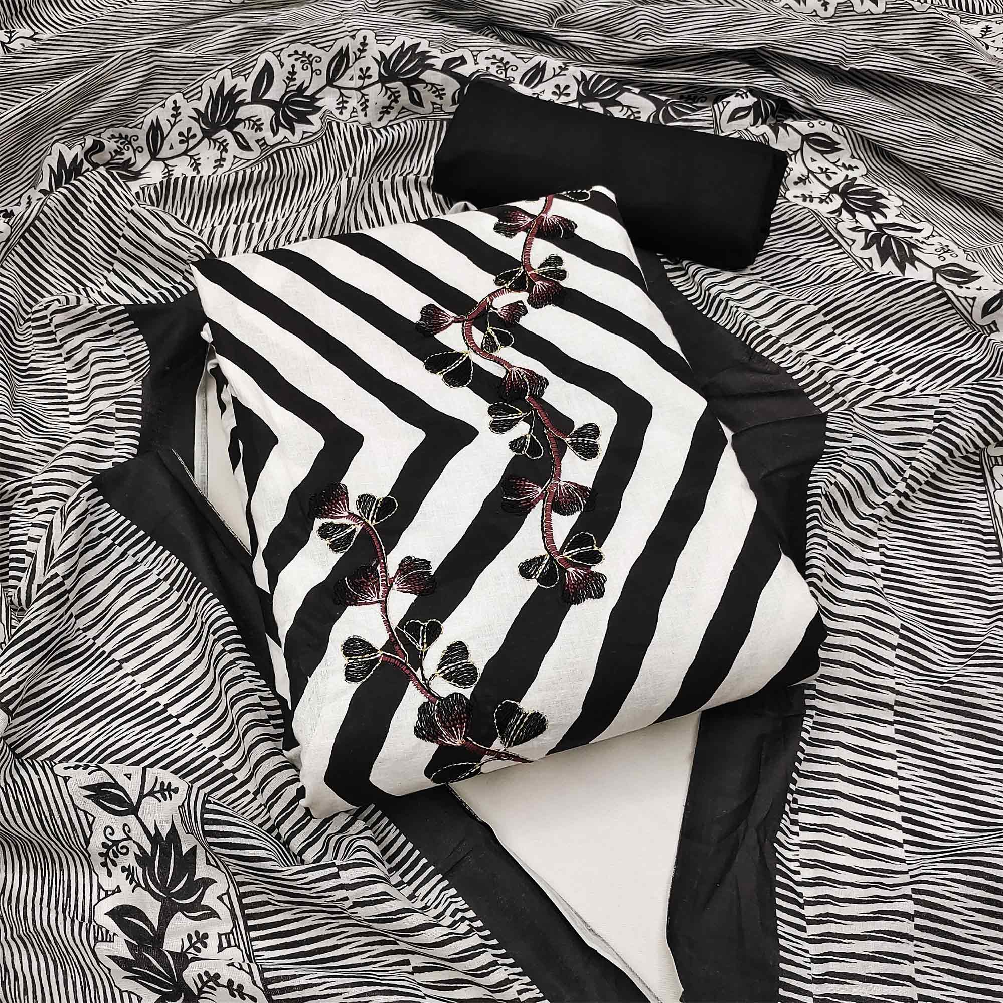 White & Black Printed With Embroidered Pure Cotton Dress Material