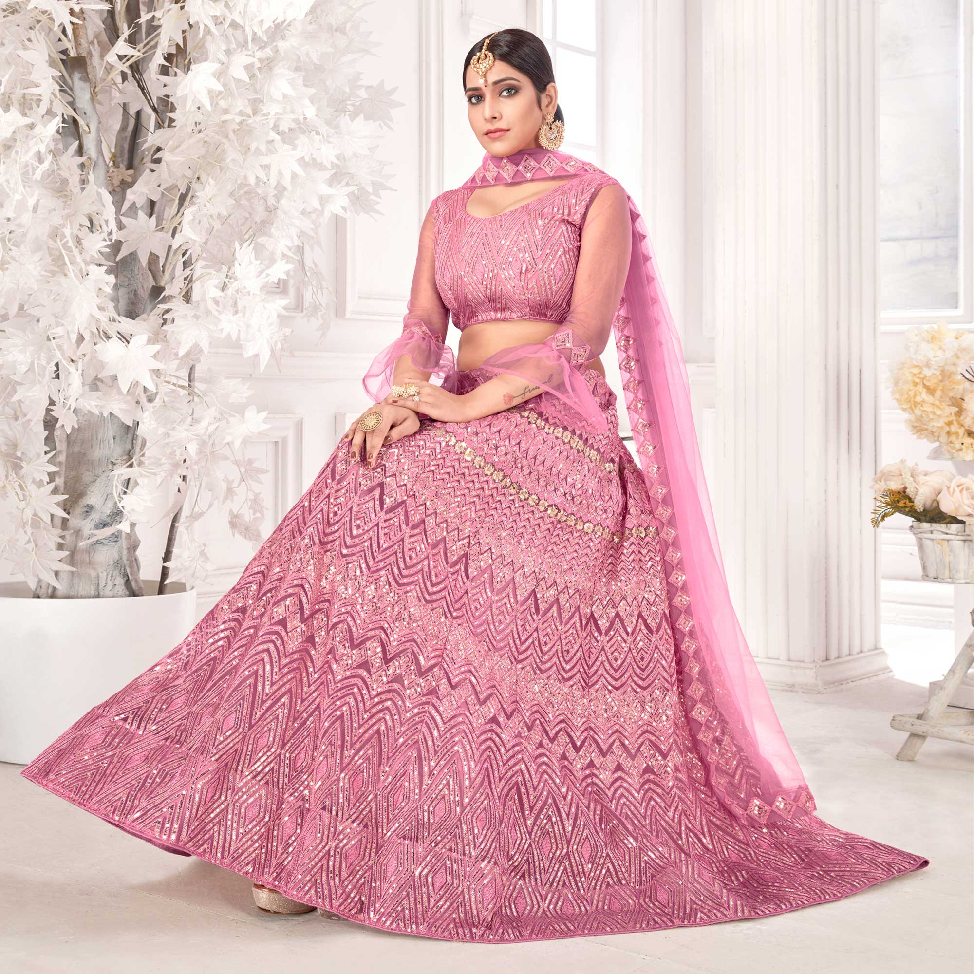 Pink Sequins Embroidered Netted Lehenga Choli