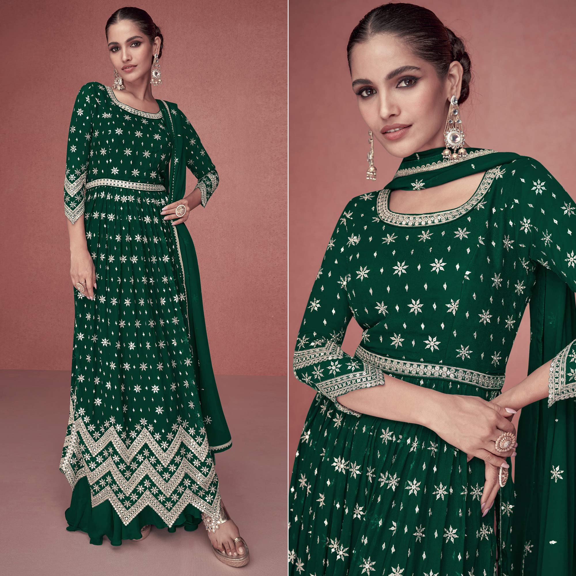 Green Sequins Embroidered Georgette Semi Stitched Naira Cut Suit