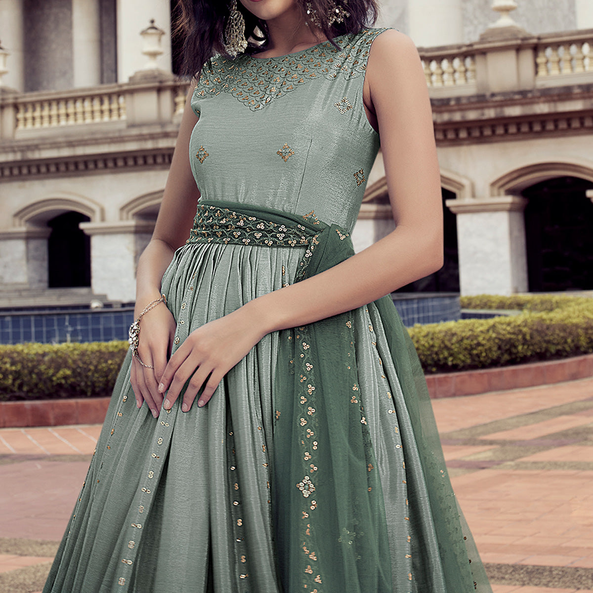 Green Sequins Embroidered Chiffon Gown