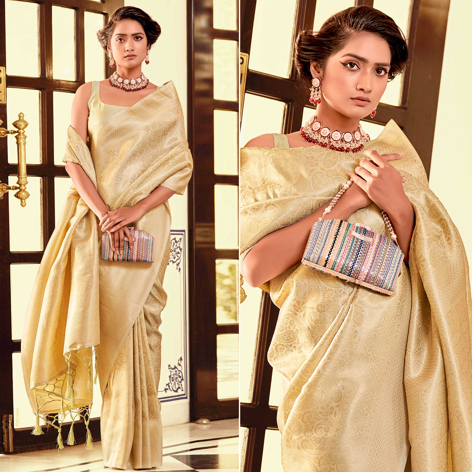 Light Yellow Woven Kanjivaran Silk Saree