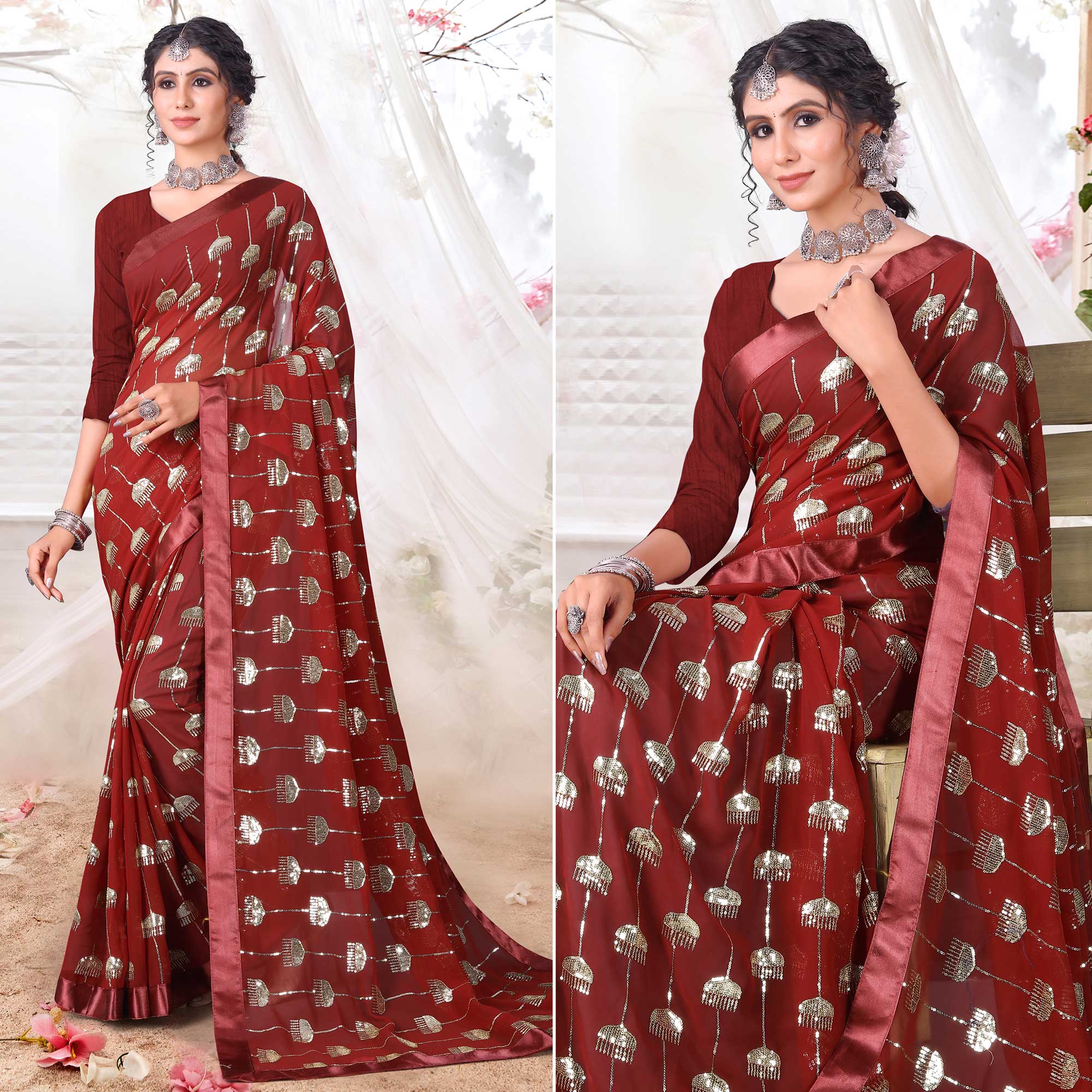 Maroon Sequins Embroidered Georgette Saree