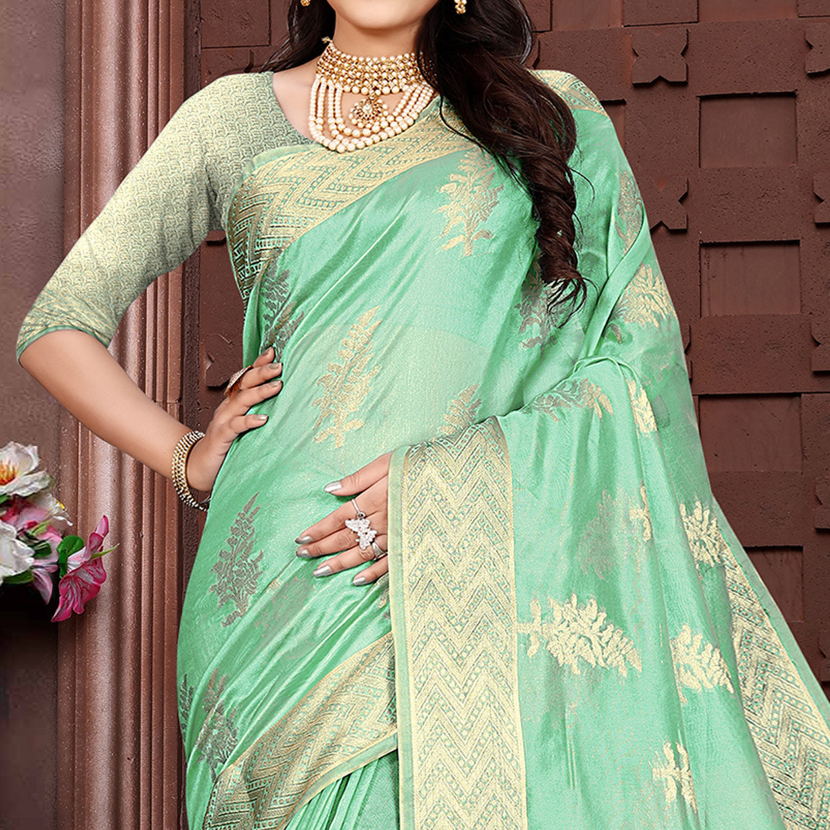 Sea Green Floral Woven Organza Saree