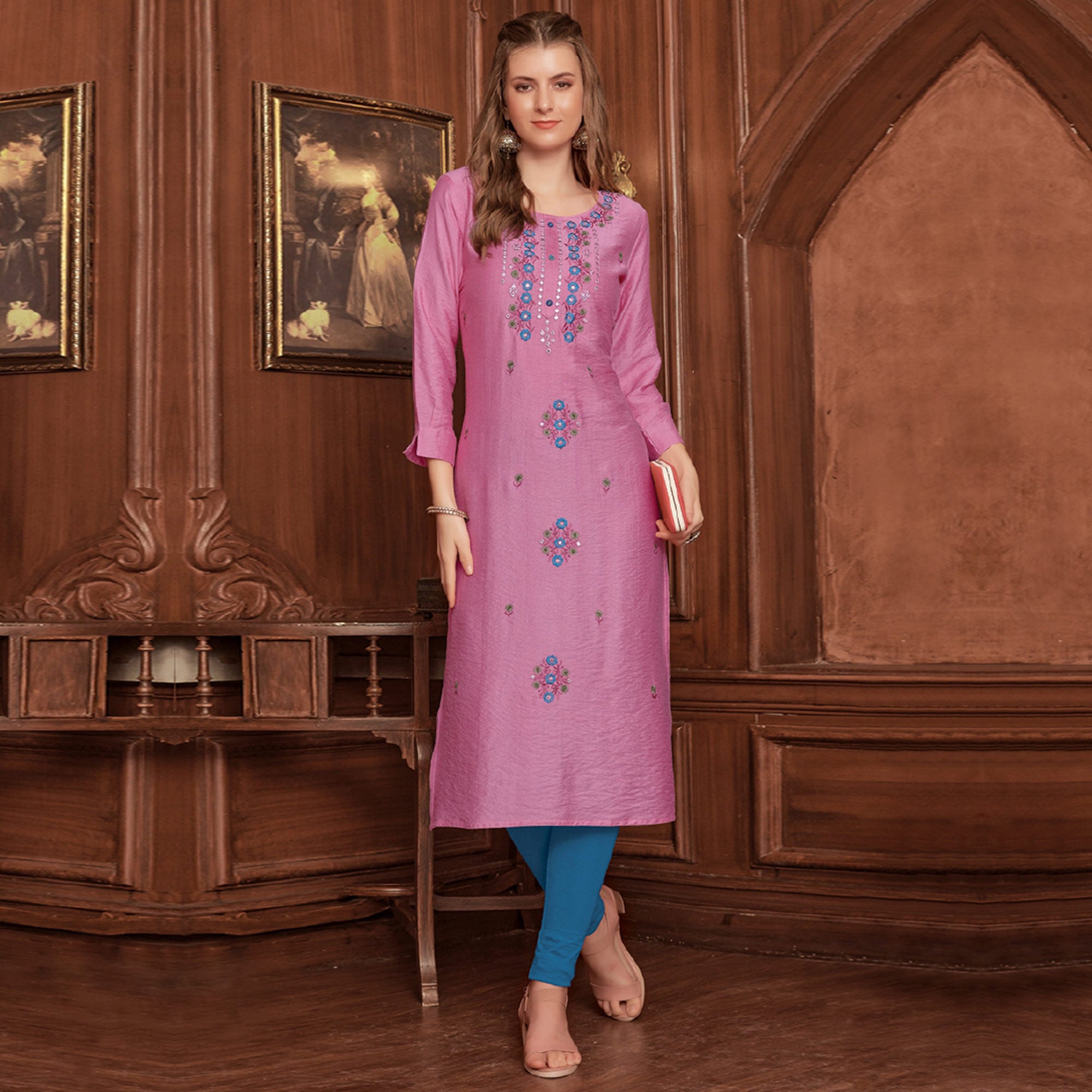 Pink Floral Embroidered Rayon Kurti