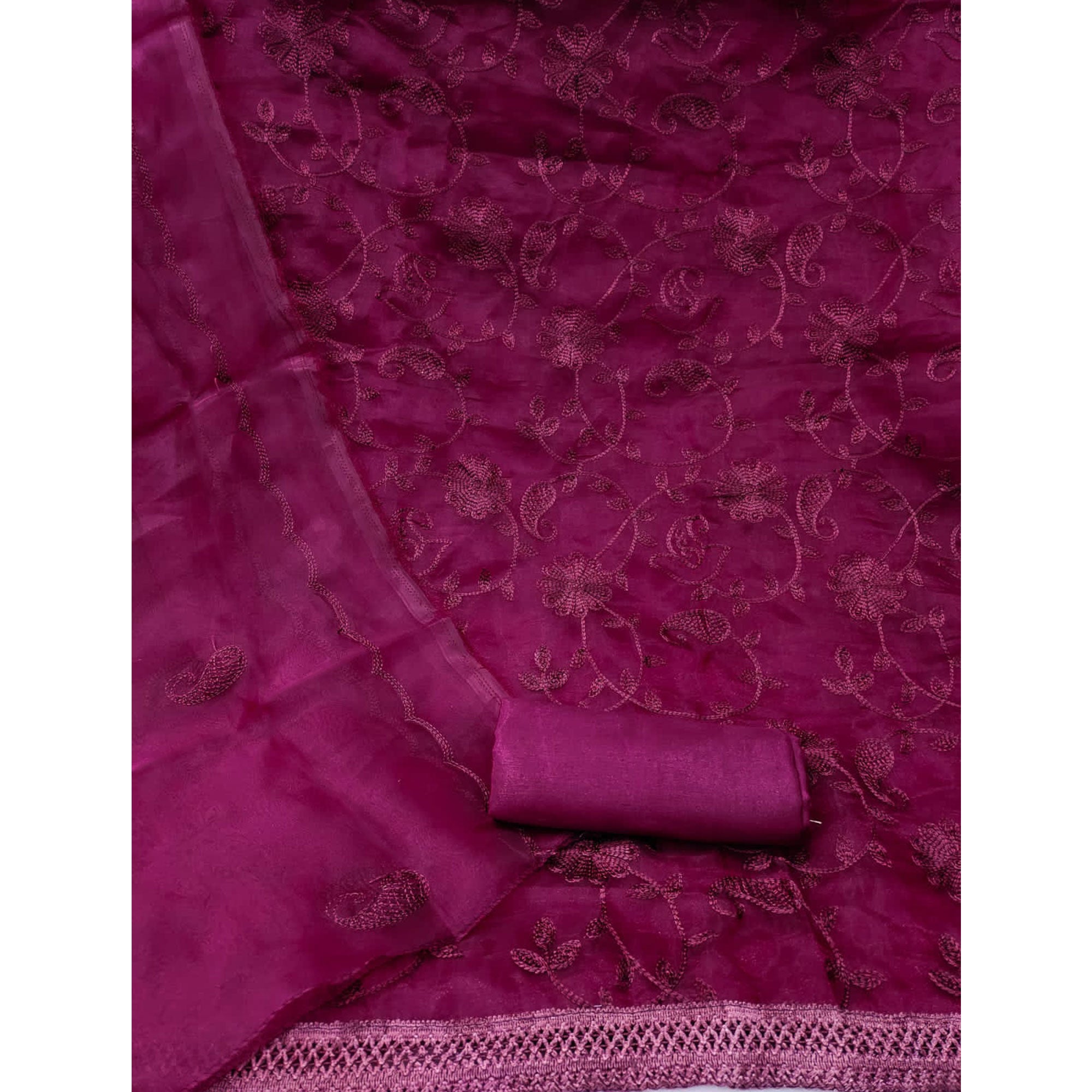 Wine Floral Embroidered Organza Dress Material