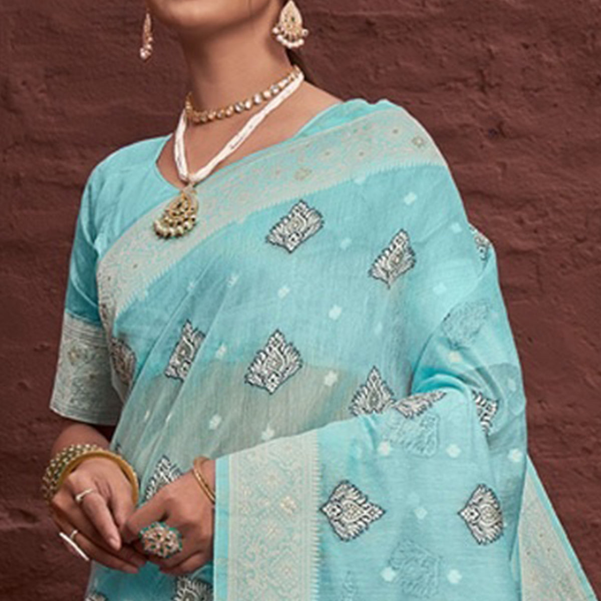 Sky Blue Woven Cotton Blend Saree