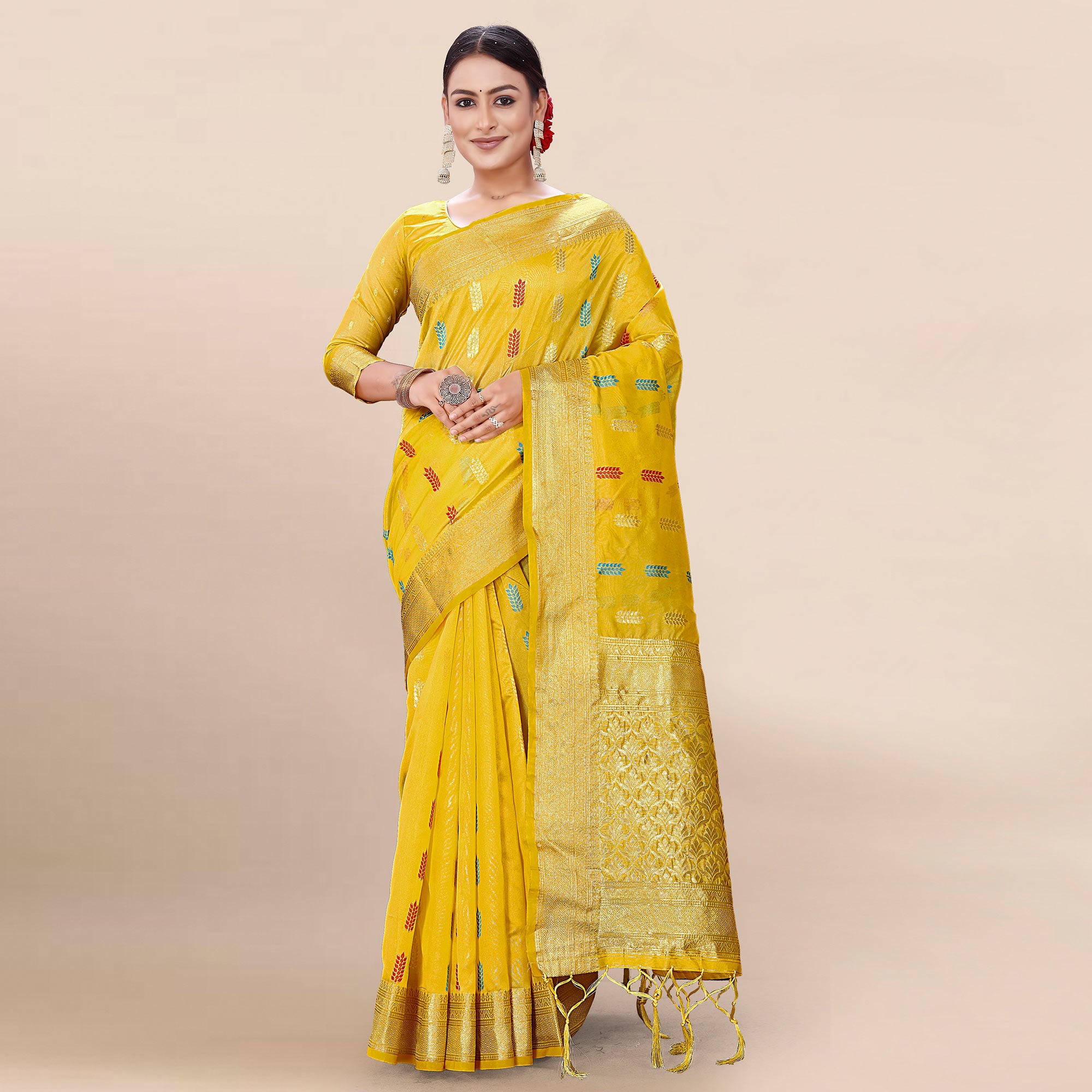 Yellow Woven Organza Saree With Tassels