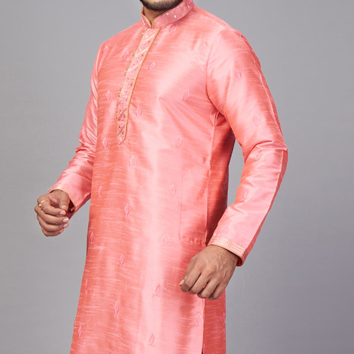 Pink Embroidered Jacquard Kurta Pyjama Set