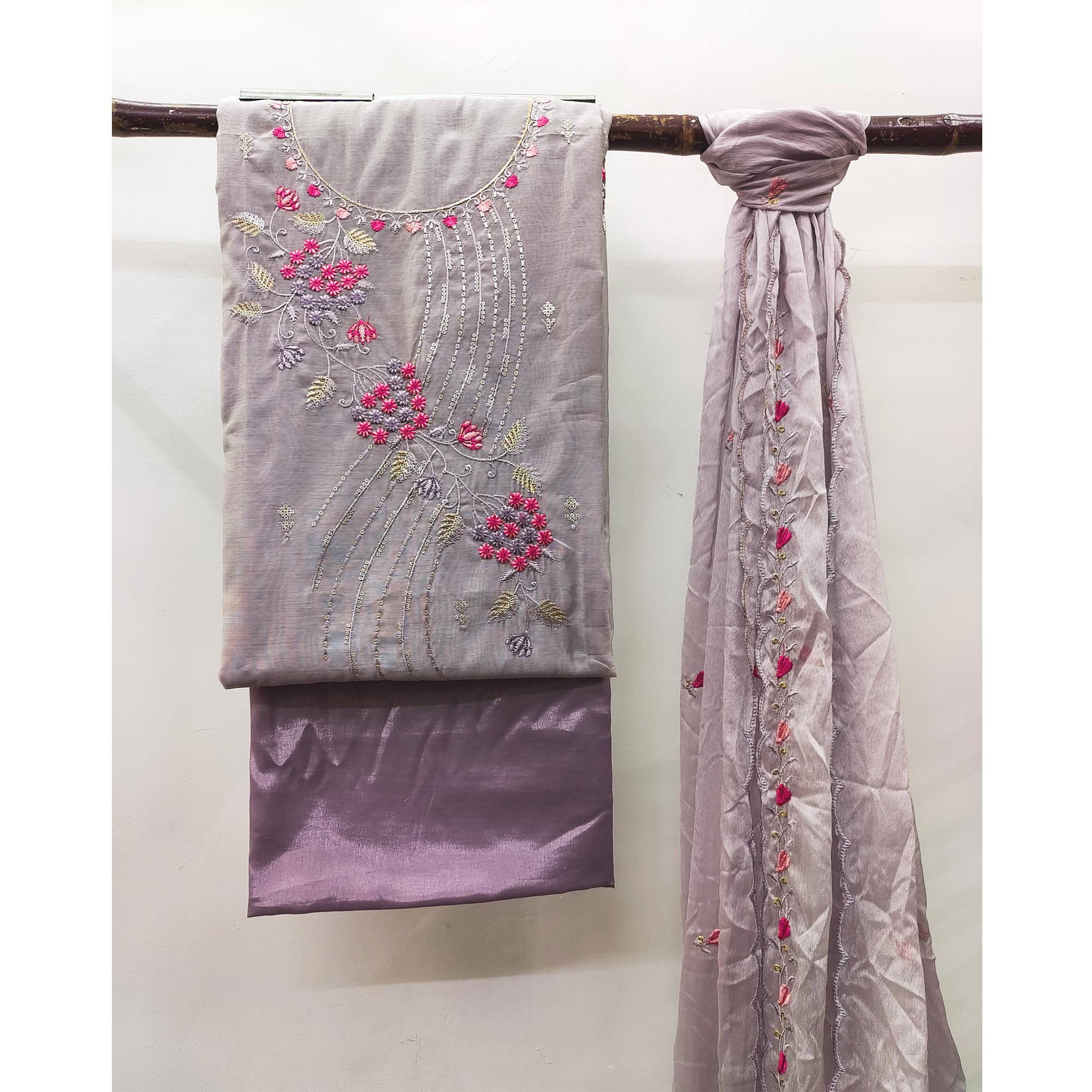 Light Purple Floral Embroidered Modal Dress Material