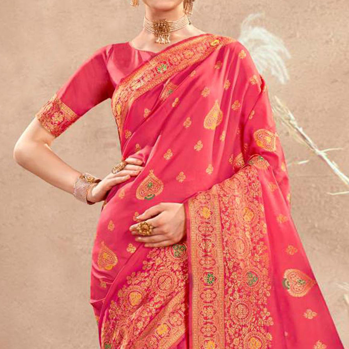 Pink Floral Woven Art Silk Saree