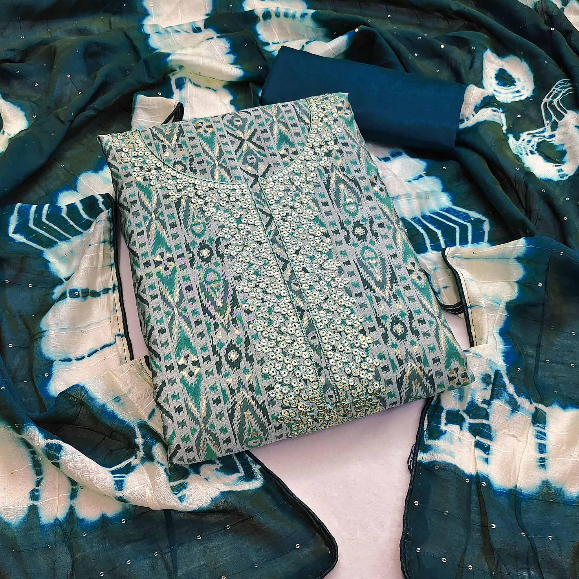 Green Ikkat Printed Modal Dress Material