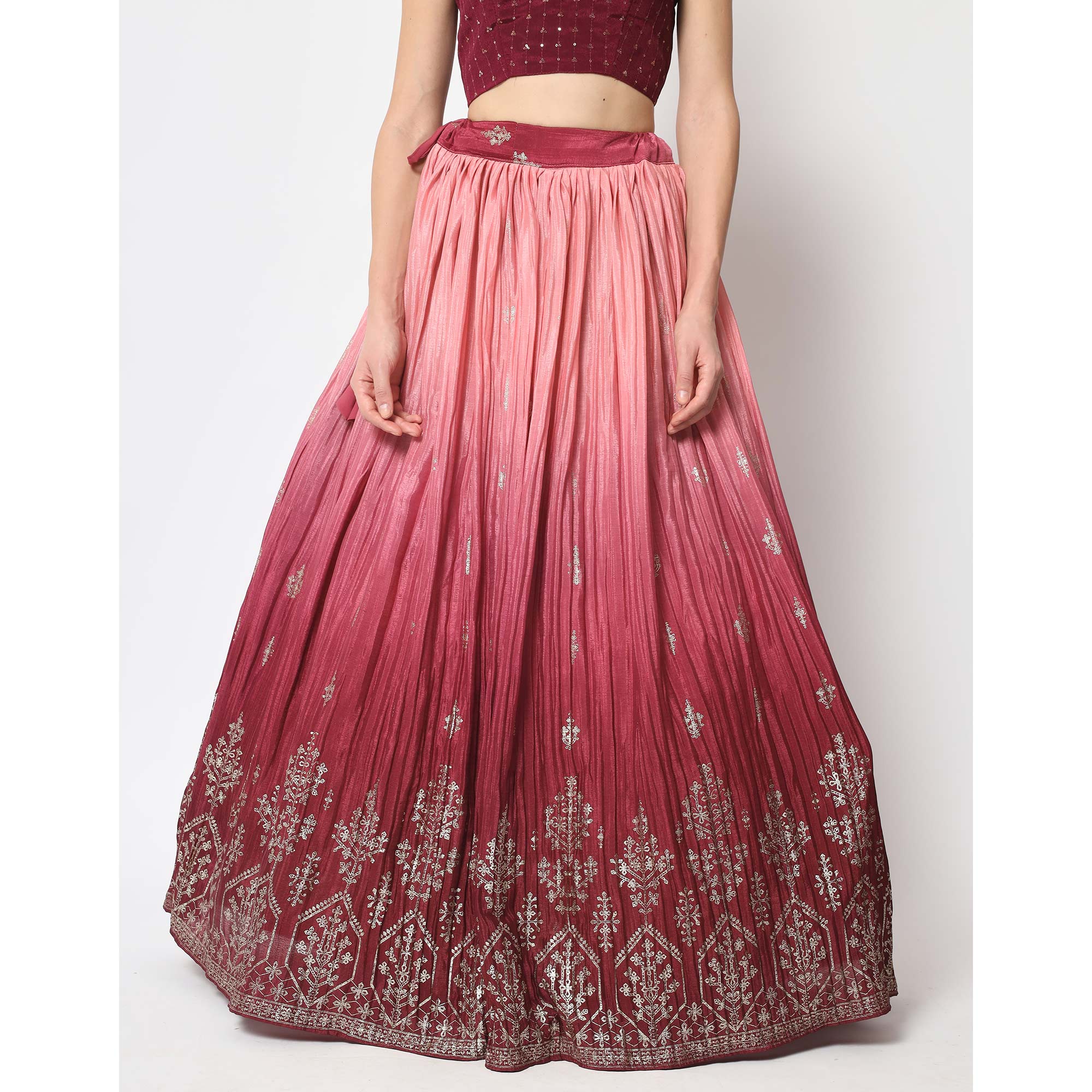 Pink & Maroon Foil Printed Chiffon Lehenga Choli