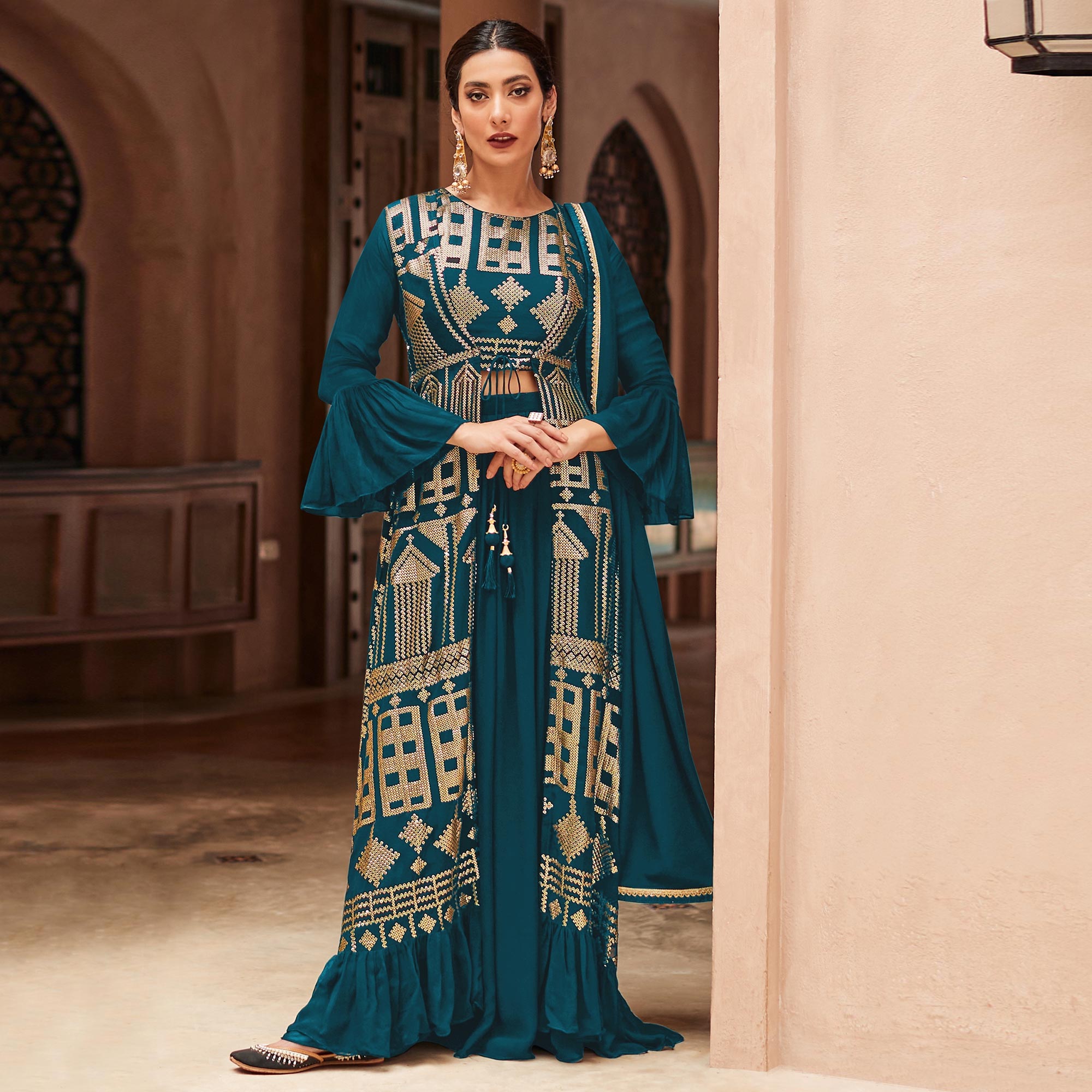 Aqua Blue Sequins Embroidered Georgette Sharara Choli With Jacket