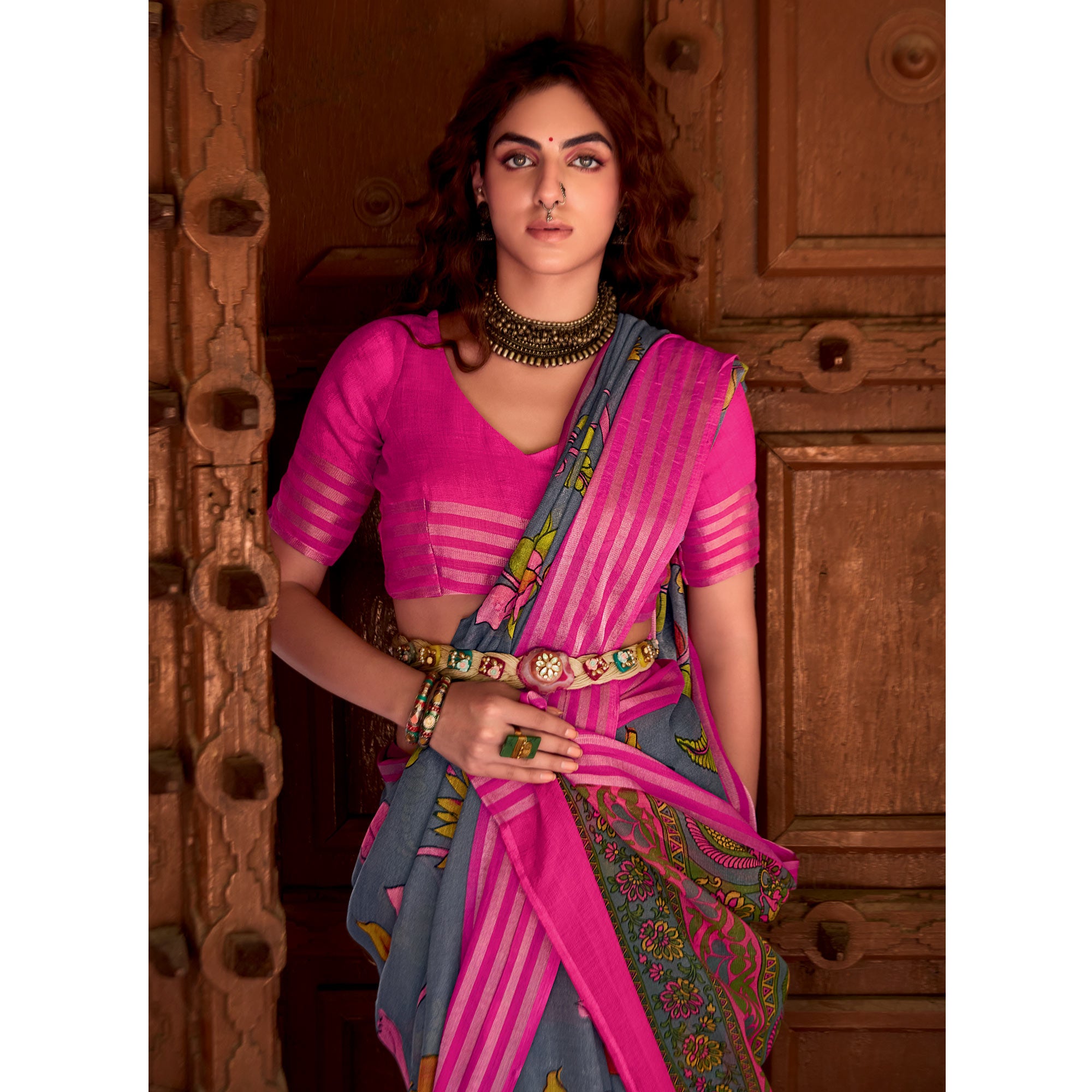 Grey Floral Printed Linen Saree