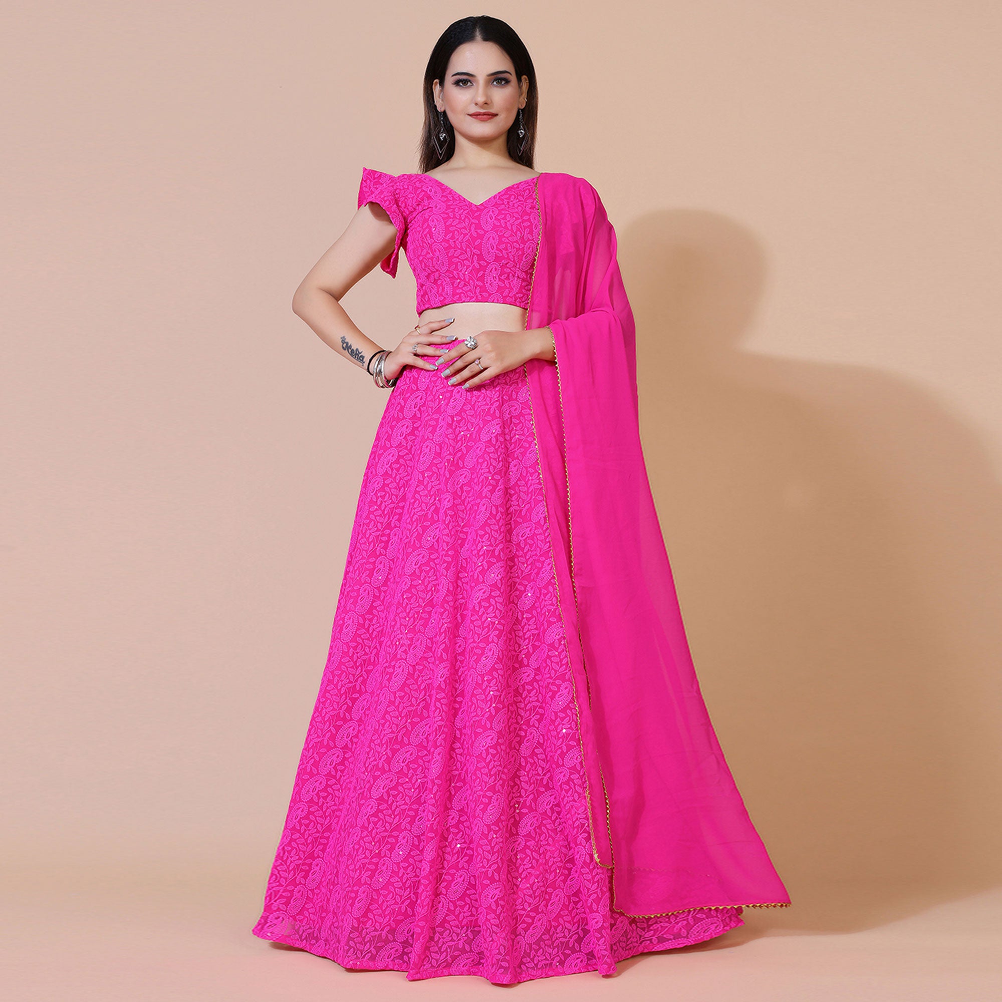 Pink Lucknowi Chikankari Work Georgette Lehenga Choli