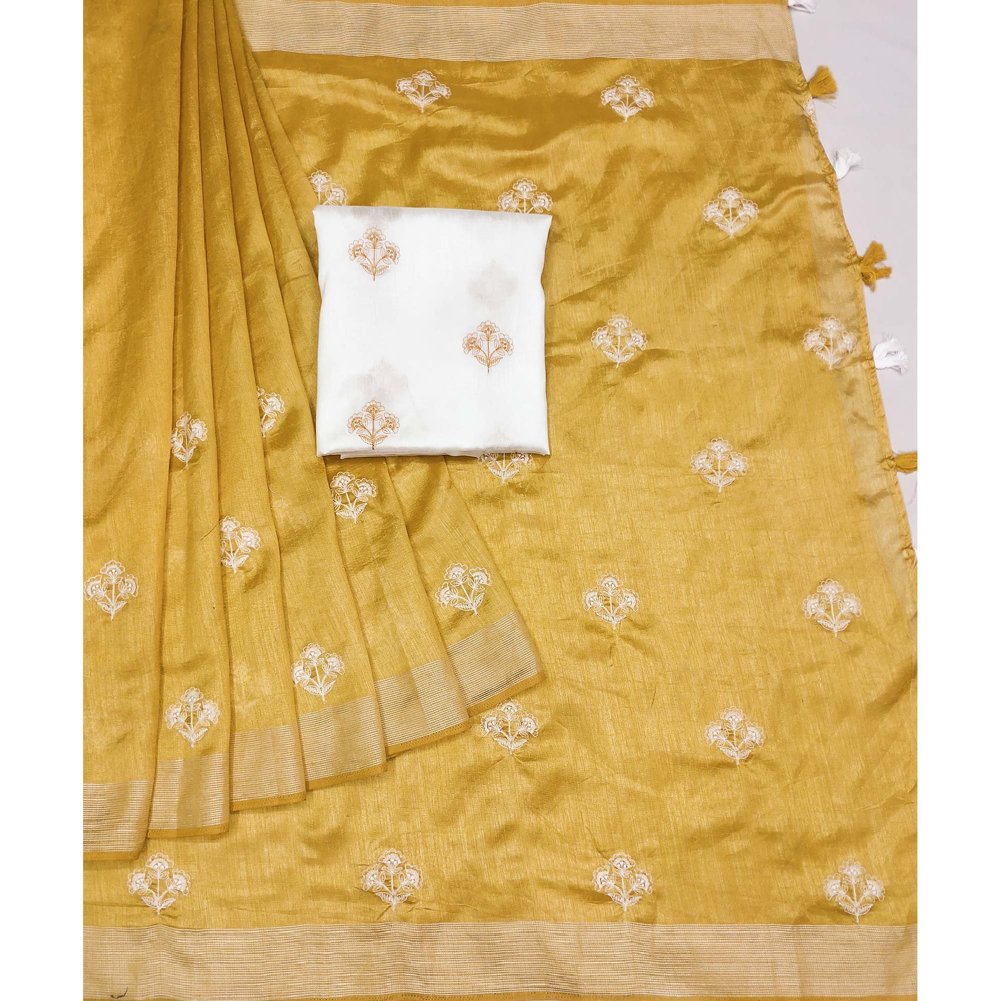 Yellow Floral Embroidered Raw Silk Saree