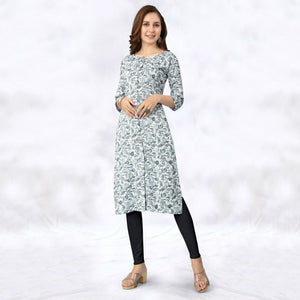 White & Grey Foil Printed Rayon Kurti