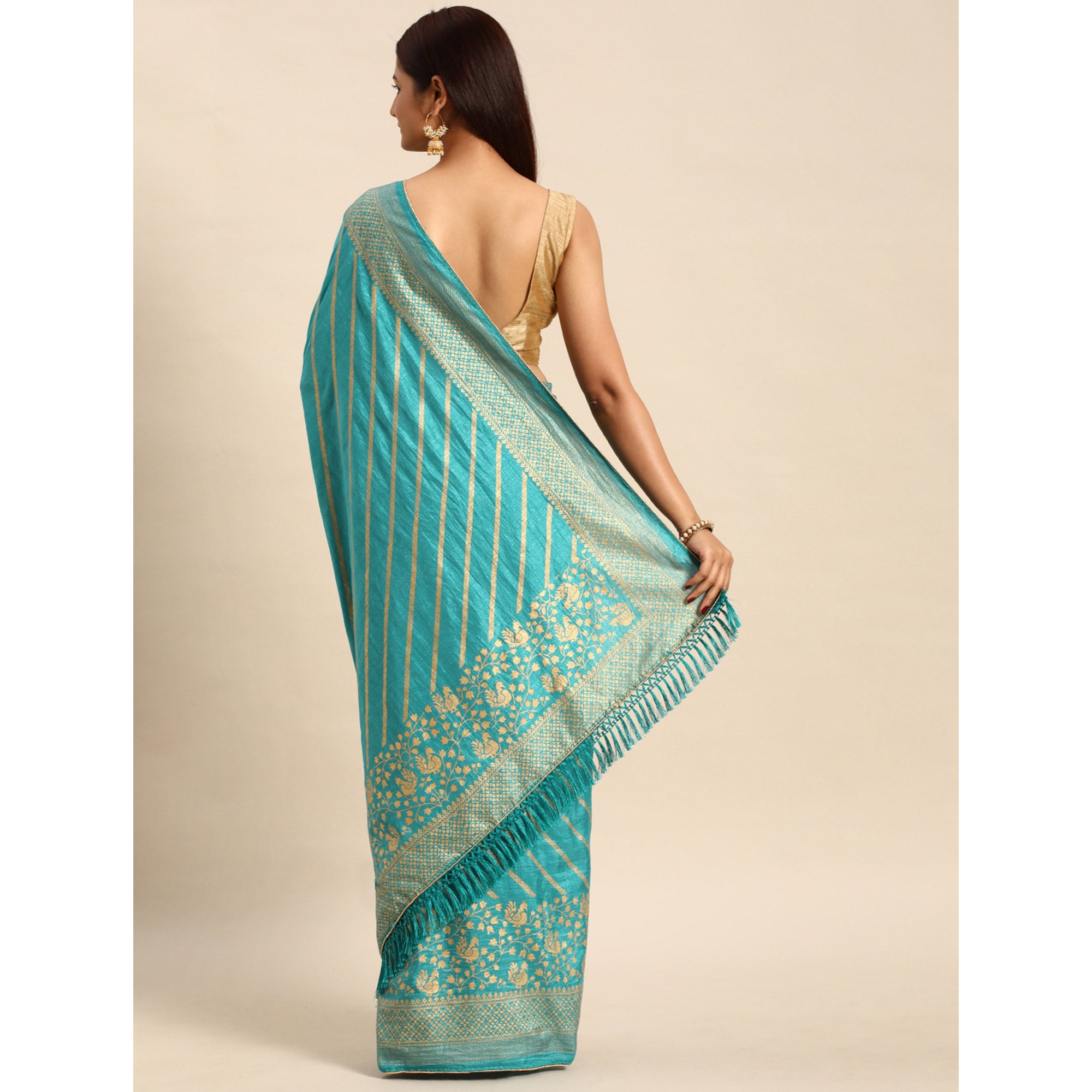 Elegant Blue Vichitra Silk Saree with Golden Zari Stripes and Floral Border