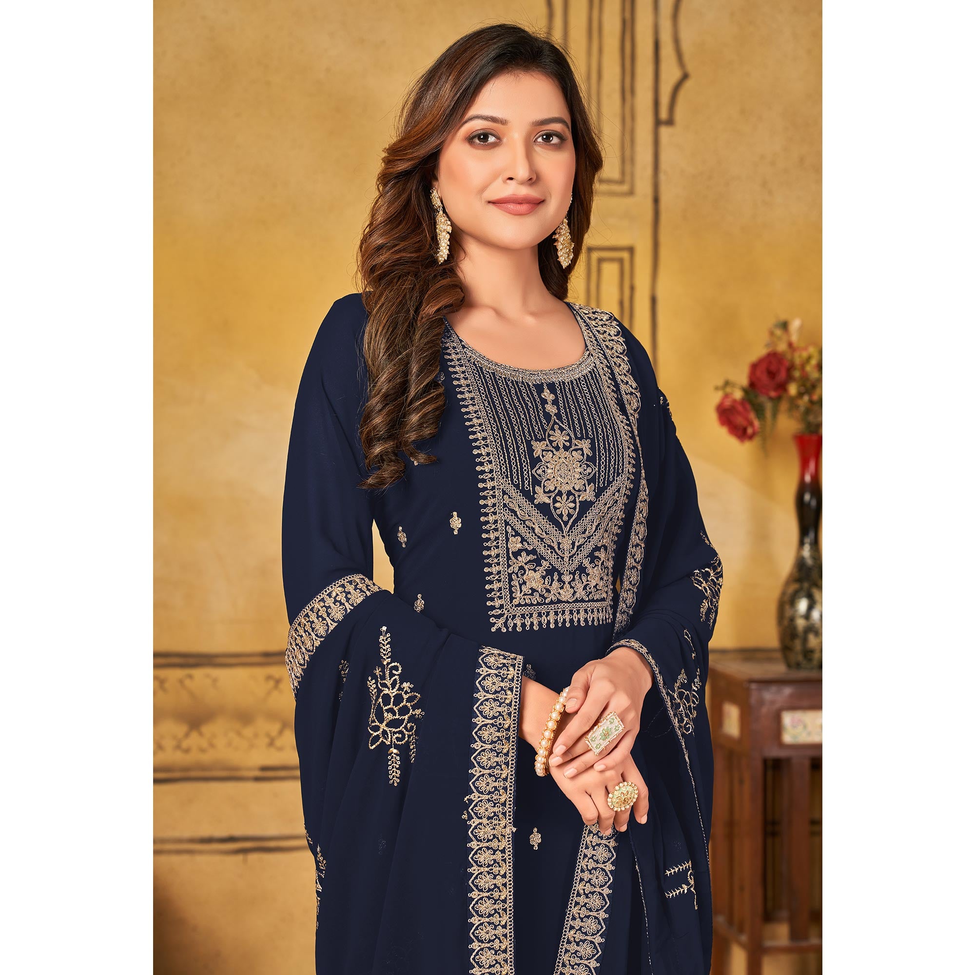 Navy Blue Floral Embroidered Georgette Salwar Suit