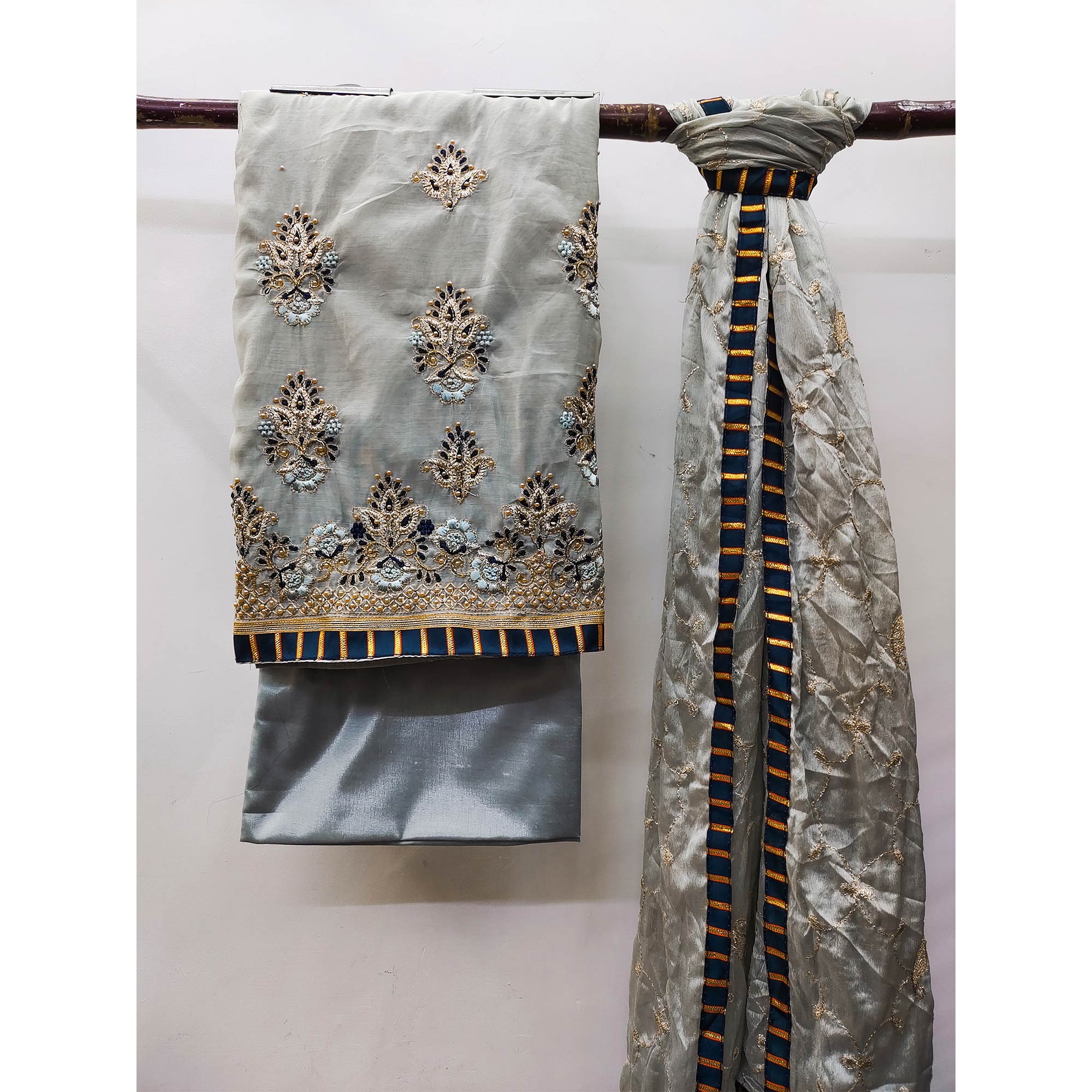 Grey Floral Embroidered Modal Dress Material