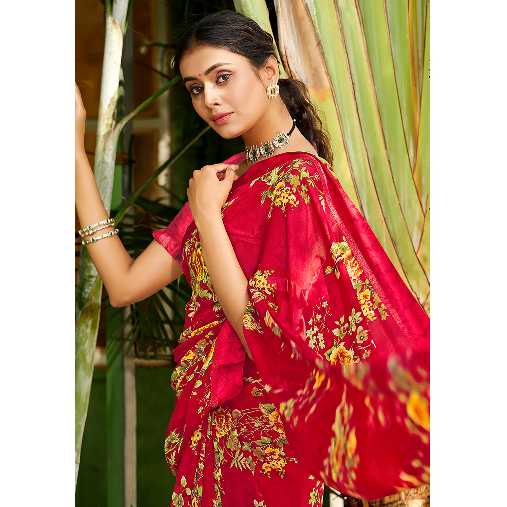Red Floral Printed Georgette Saree