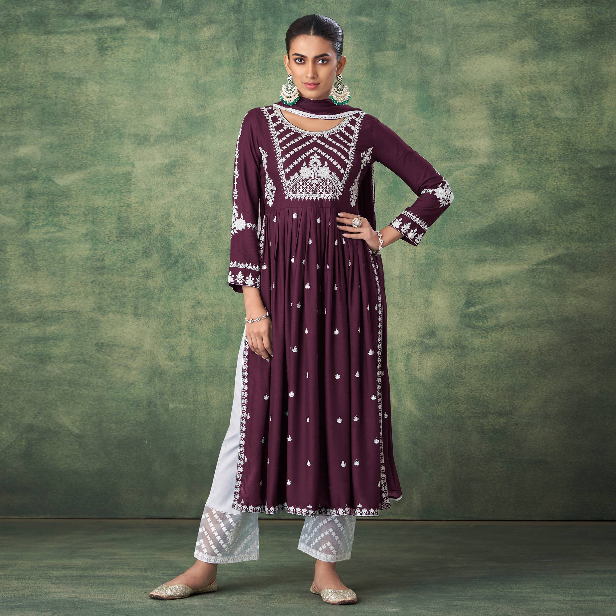 Wine Lucknowi Work Rayon Naira Cut Palazzo Suit