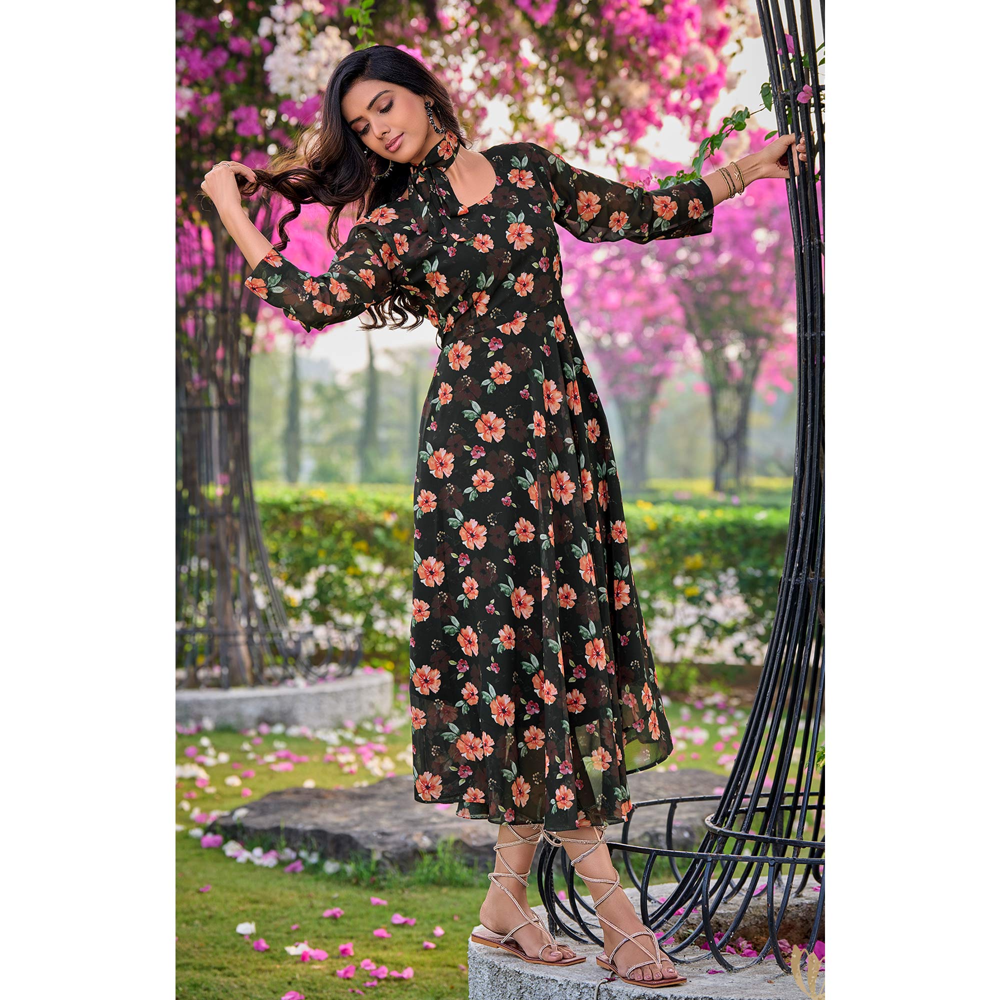 Black Floral Digital Printed Georgette Dress