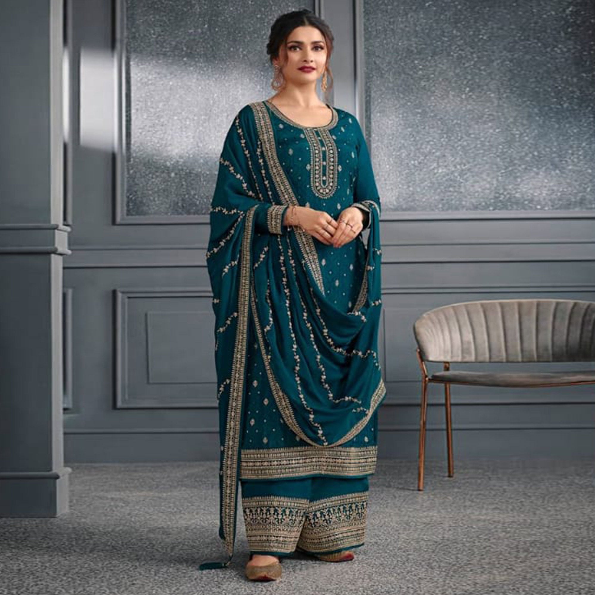 Teal Blue Woven With Sequins Embroidered Dola Silk Palazzo Suit