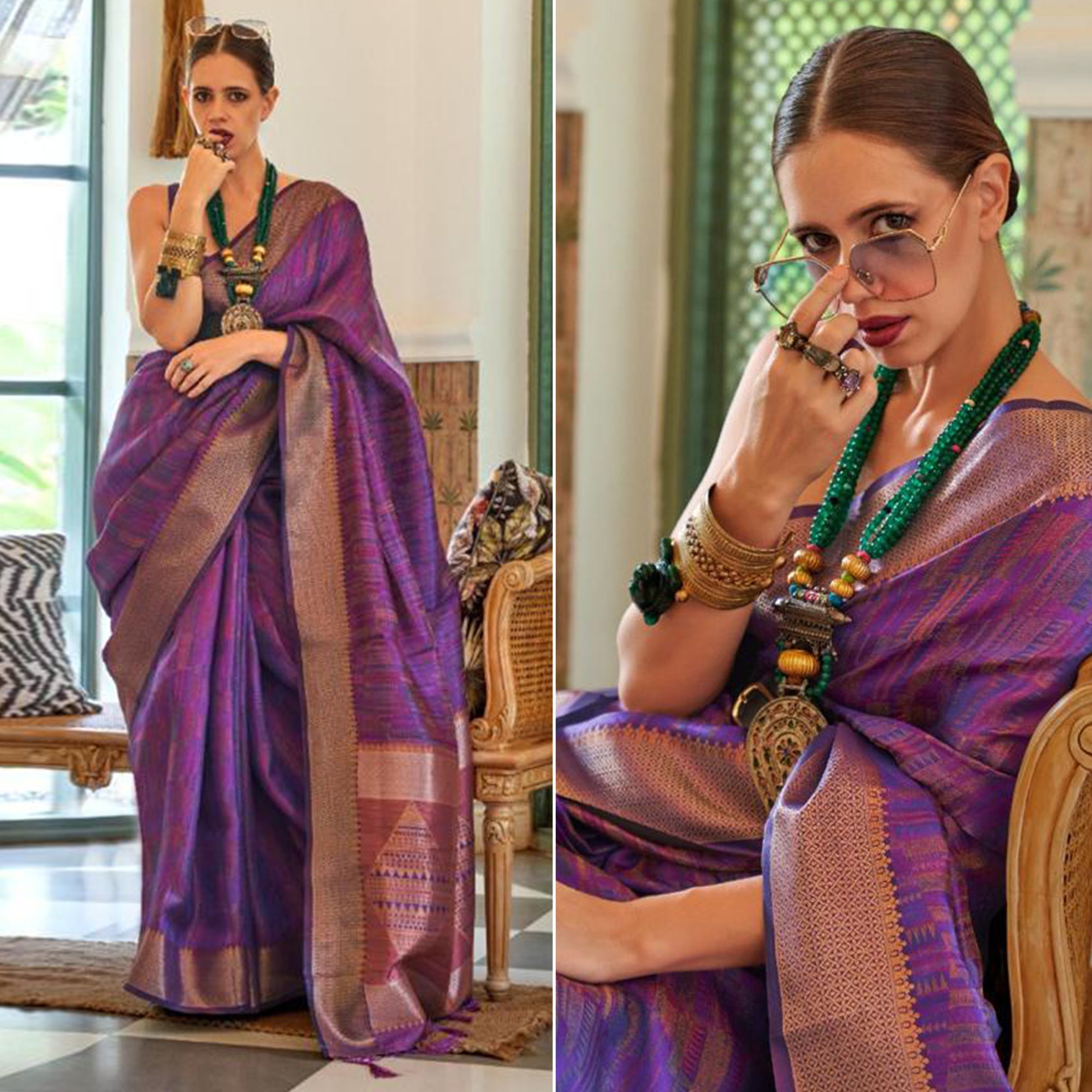 Purple Woven Organza Saree With Tassels