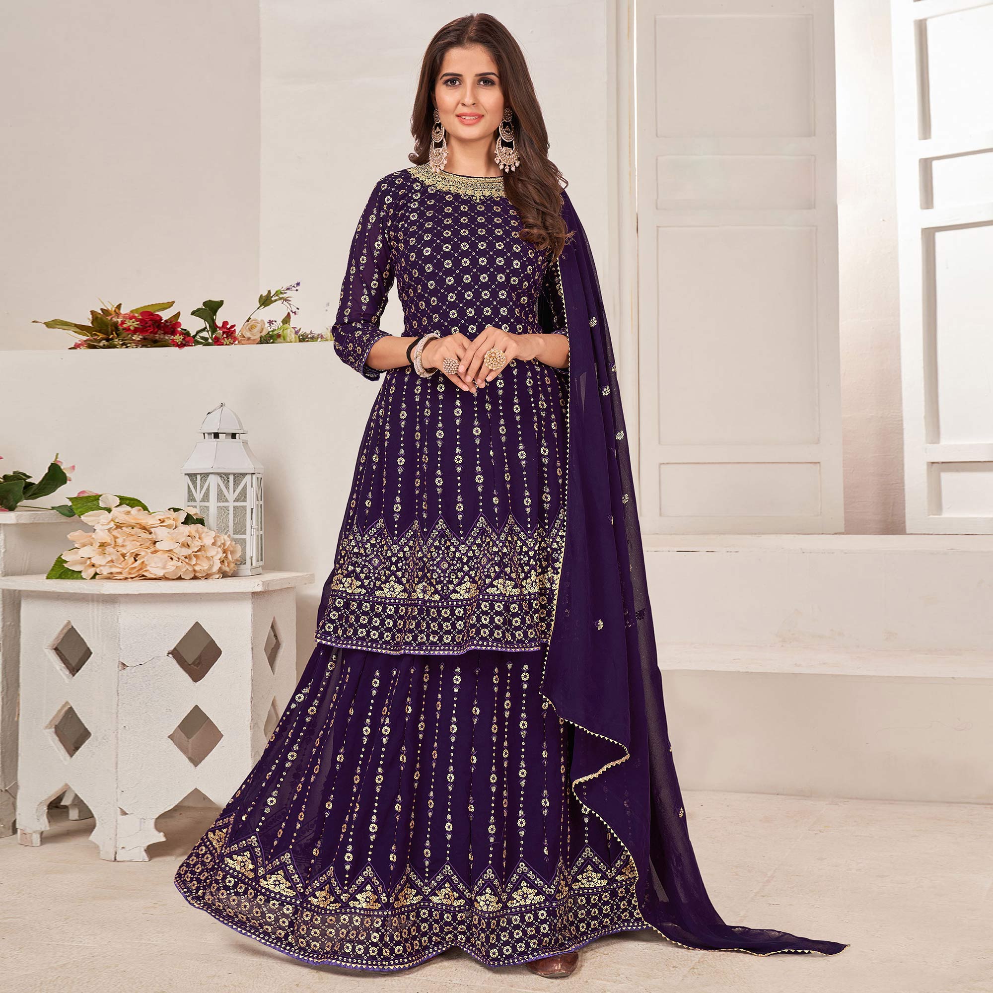 Purple Sequins Embroidered Georgette Sharara Suit